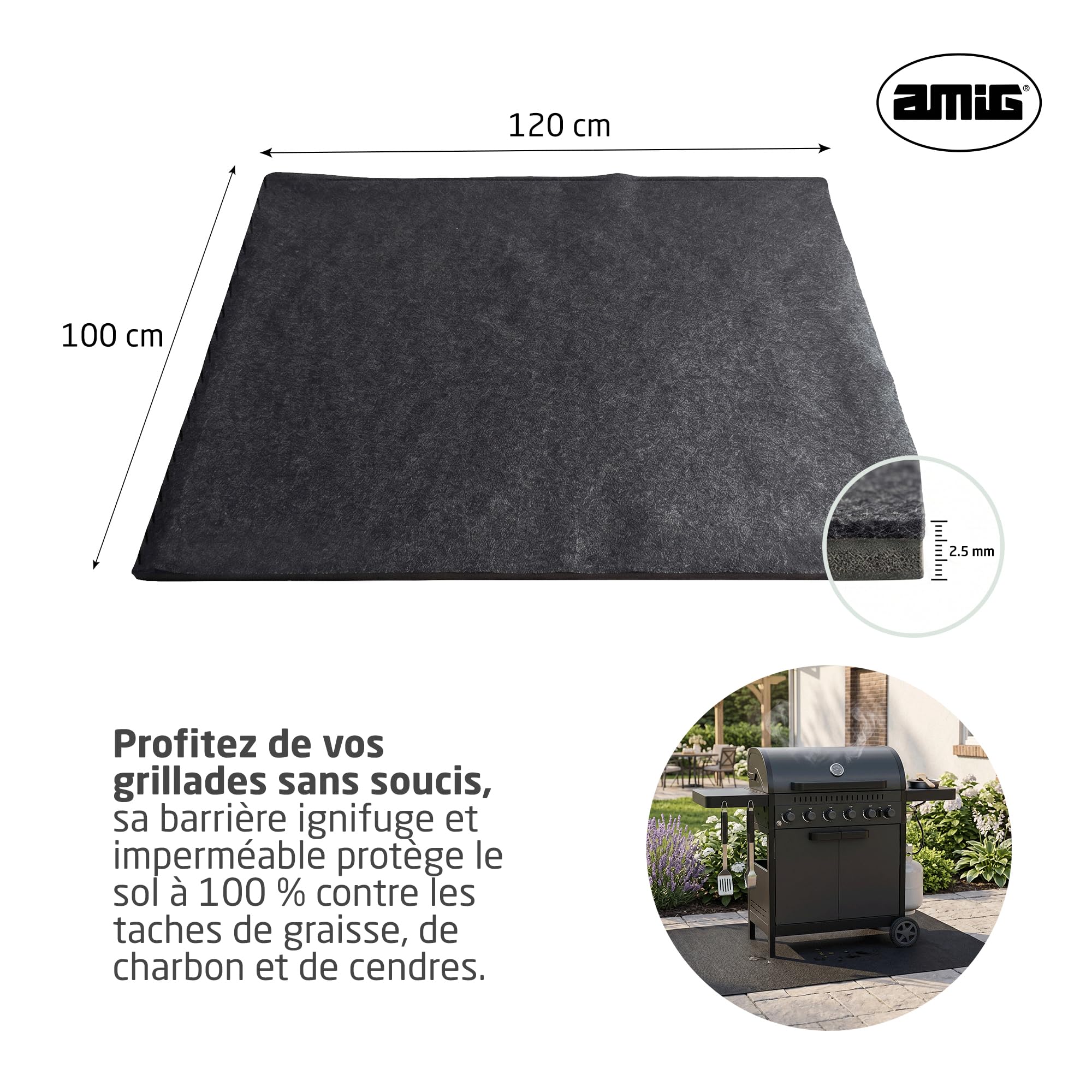 Amig - Tapis de Protection pour Barbecue BBQ - Anti-Taches, Imperméable et Antidérapant - Protection du Sol Contre la Graisse, l’Huile et Les Étincelles - 100 x 120 cm - Polyester PVC - Noir