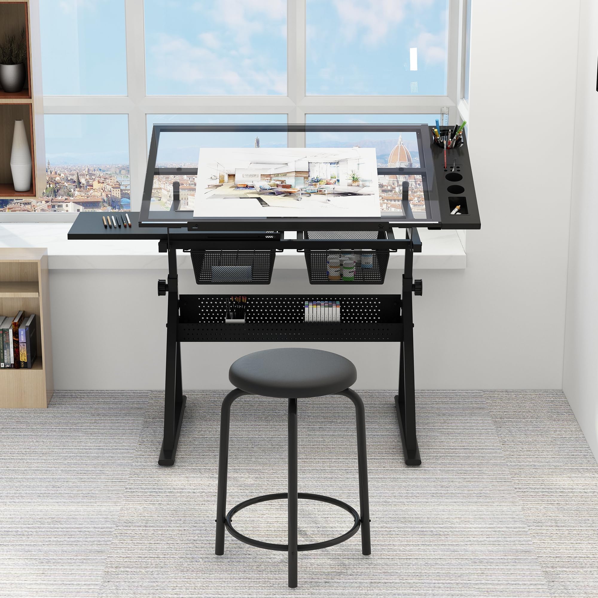 Zeichentisch mit Hocker, Architektentisch Höhenverstellbar 72-92cm, Schreibtisch mit 0-75 ° Neigbarer Tischplatte, Schülerschreibtisch mit 2 Schubladen, Arbeitstisch für Künstler, Schwarz
