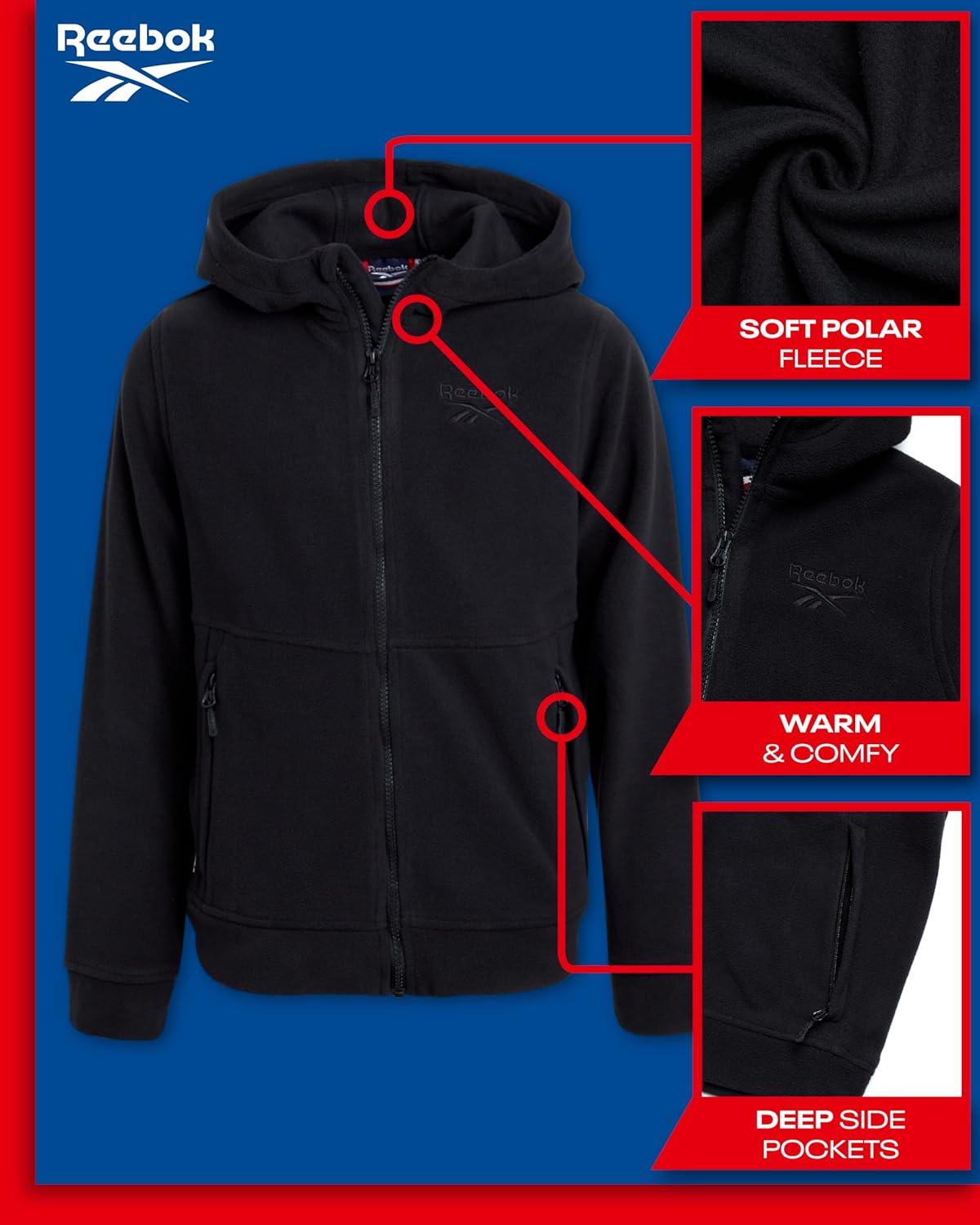Reebok Boys' Jacket - Warm Polar Fleece Insulated Jacket - Weather Resistant Zip Up Hooded Jackets for Boys (Sizes: 4-20) - Image 2