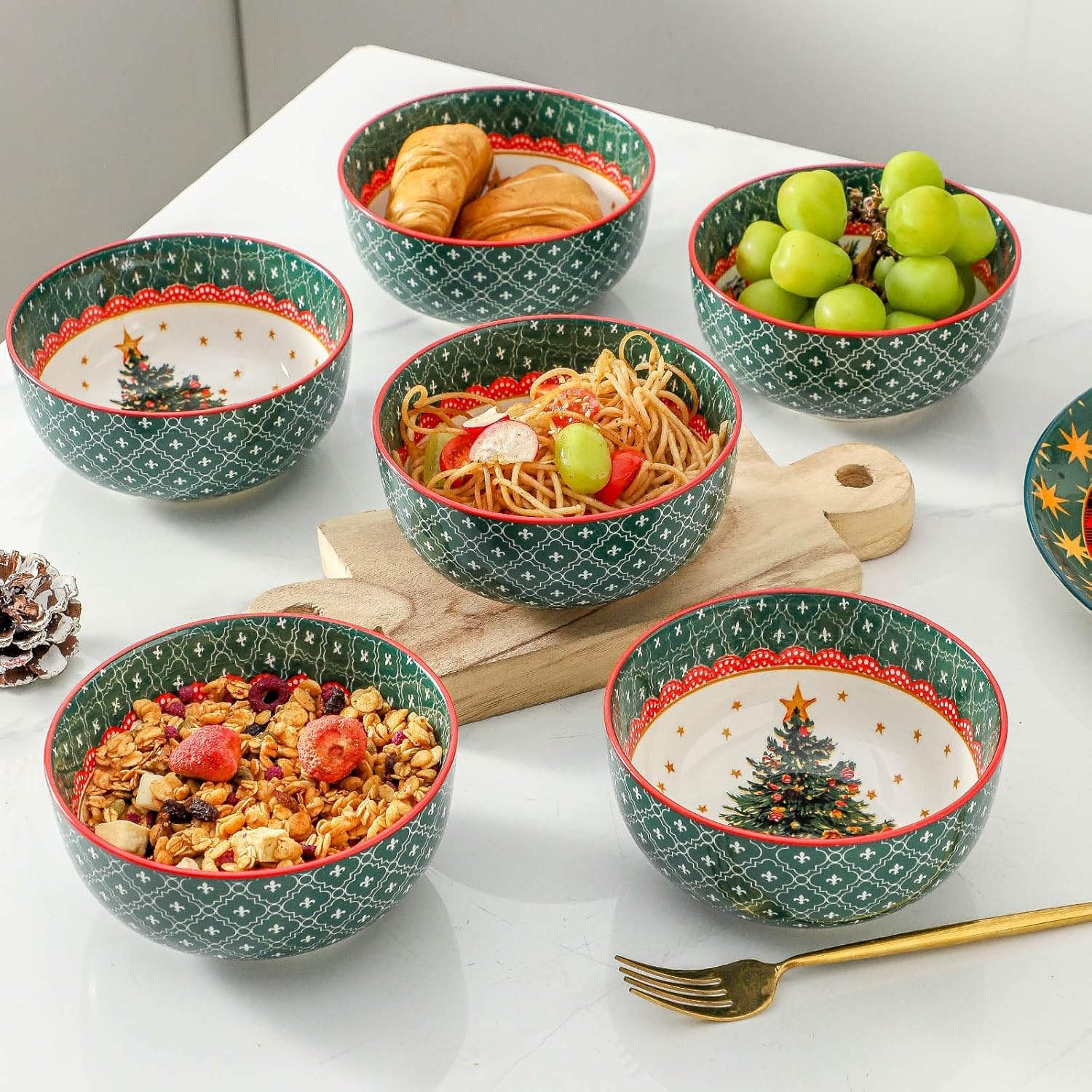 Ceramic Bowls set of 6,26 OZ Soup Bowls,Stoneware Bowls for Noodles,Salad,Ideal for Celebrations,Holiday Gatherings,Festive Christmas Table Decor,Microwave and Dishwasher Safe