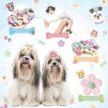 SUMMORO 24Pcs Cute Flower Dog Hair Bows with Rubber Bands, Handmade
