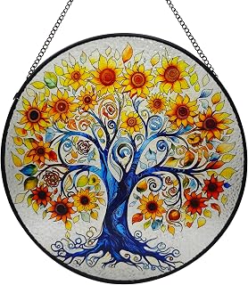 Stained Glass Window Hanging, 9.8″ Tree of Life Sun Catchers, Suncatchers for Windows Hanging, Window Decor, Outdoor or Indoor, Gifts for Women, Lovers, Couple, Friends