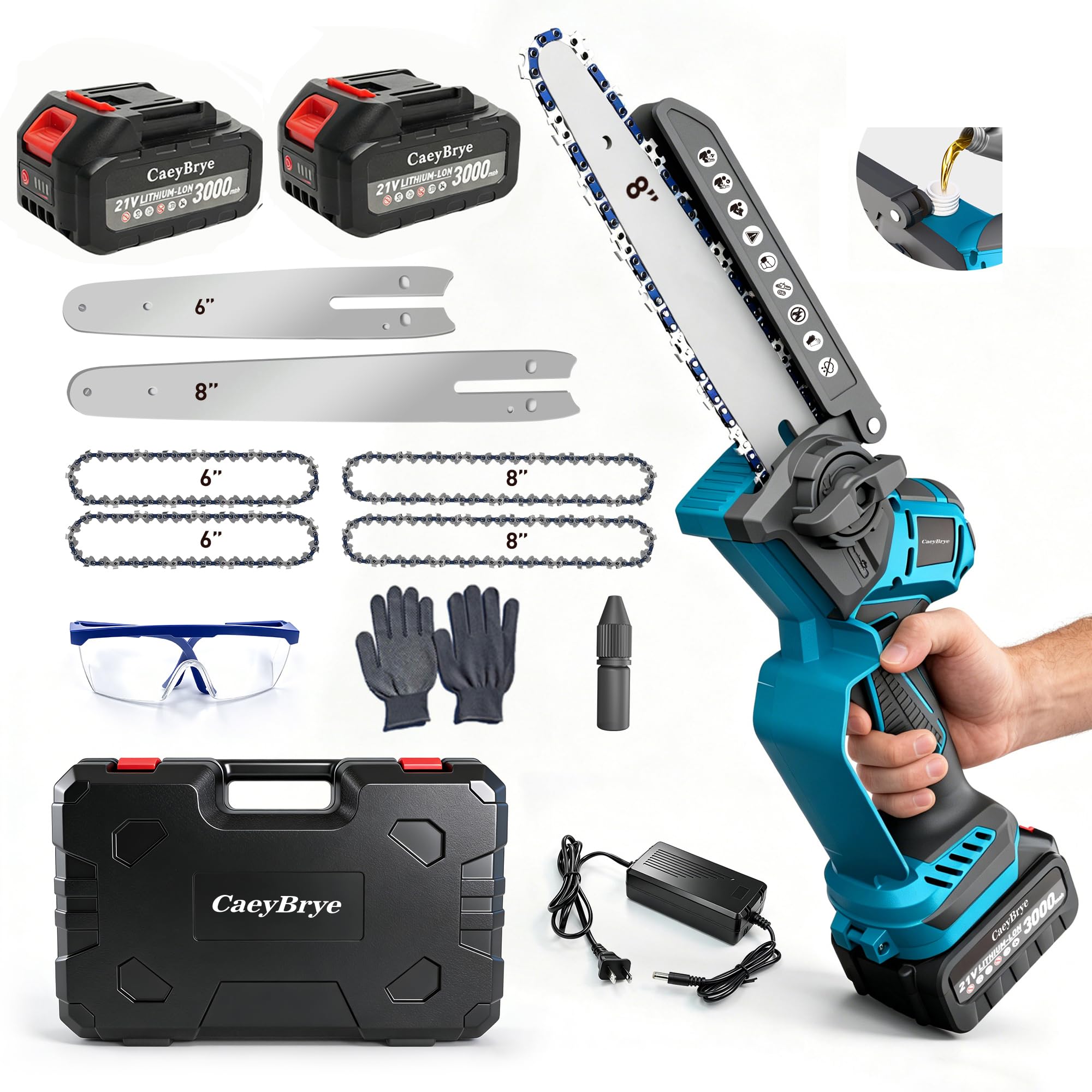 Cordless Mini Chainsaw, 6 Inch & 8 Inch Dual Bars with 2x3000 Battery