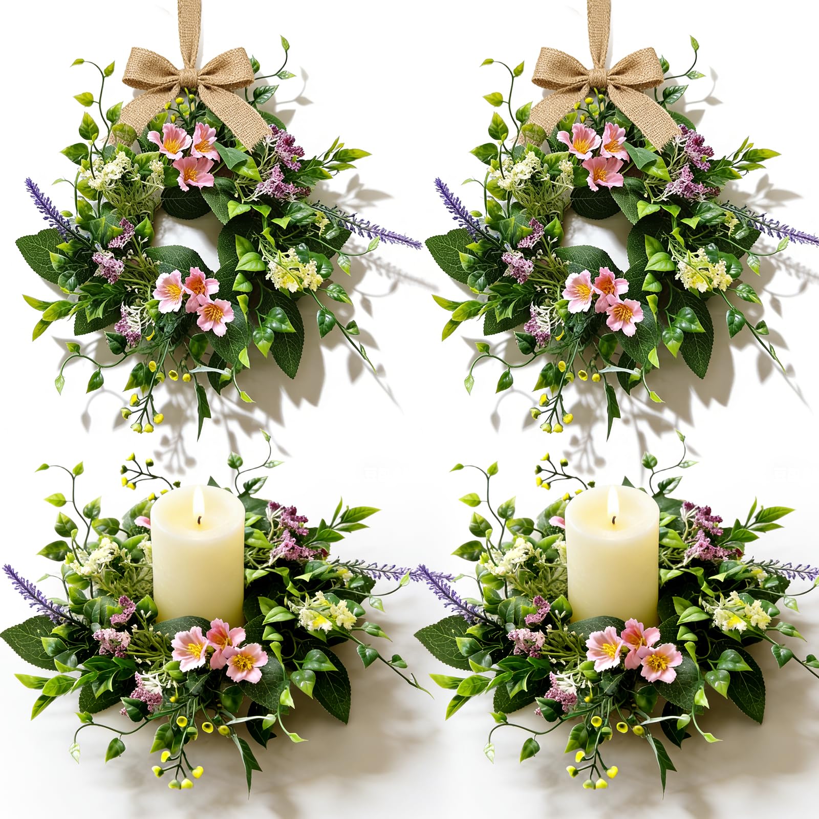 Photo 1 of 6 Pcs Small Spring Summer Candle Ring Wreaths with Artificial Pink Flower Purple Lavender Yellow Berry Mini Pillar Candle Holder Wreath with Green Leaves for Home Kitchen Table Centerpieces Wall Decor