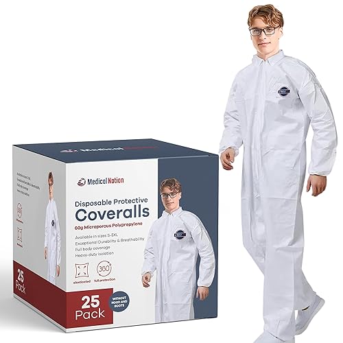 Medical Nation Trajes de materiales peligrosos Paquete de 25 unidades, mediano Overol protector desechable, resistente de cuerpo completo, traje