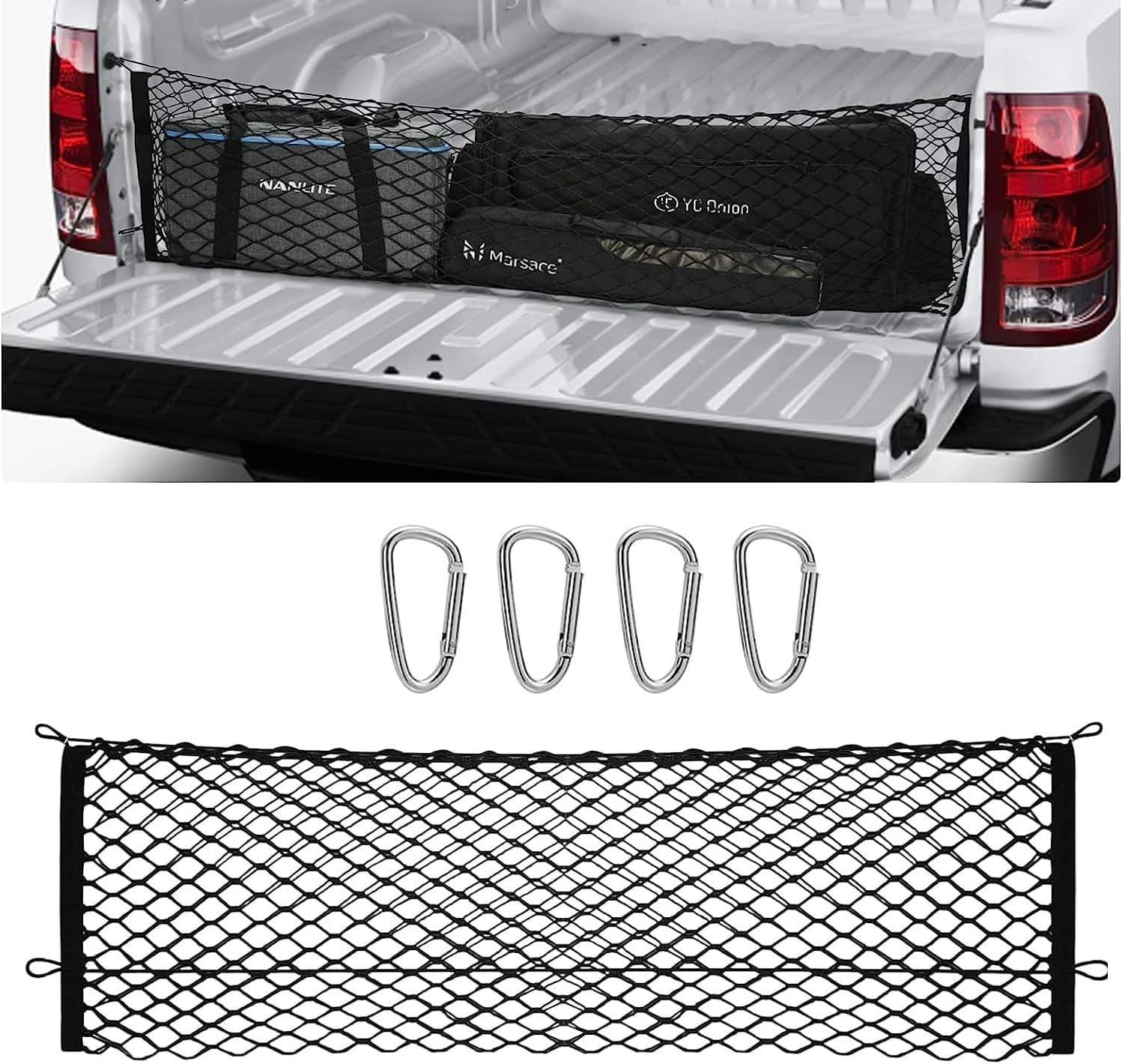 Pickup Truck Cargo Net, Envelope Style Trunk Organizers and Storage Net with 4 Metal Hooks, Fit for Silverado 2013-2022 and Ford F150 2015-2022, GMC Sierra 2013-2022 Accessories (Black)