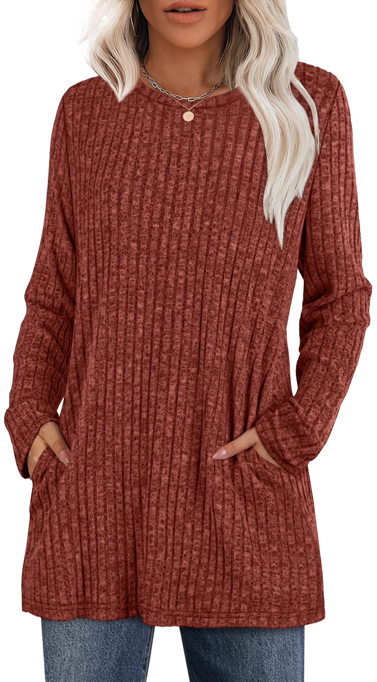 XIEERDUO Long Sleeve Shirts for Women Crewneck Tunic Tops Loose Fit Dressy Womens Sweaters with Pockets Fall Fashion