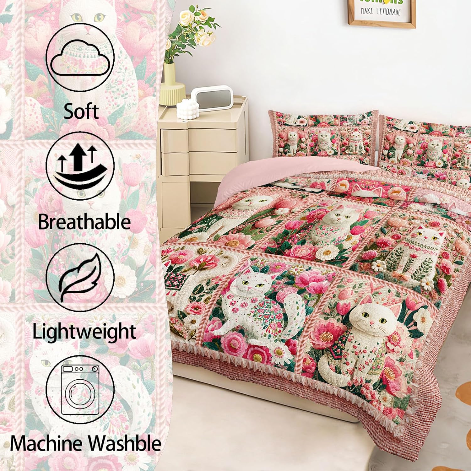 AILONEN Pink Cat Comforter for Girls - Floral Cat Kitten Bedding Set Queen Size with 2 Pillowcases - 3Pcs Flower Bedding for Room Decor All Season