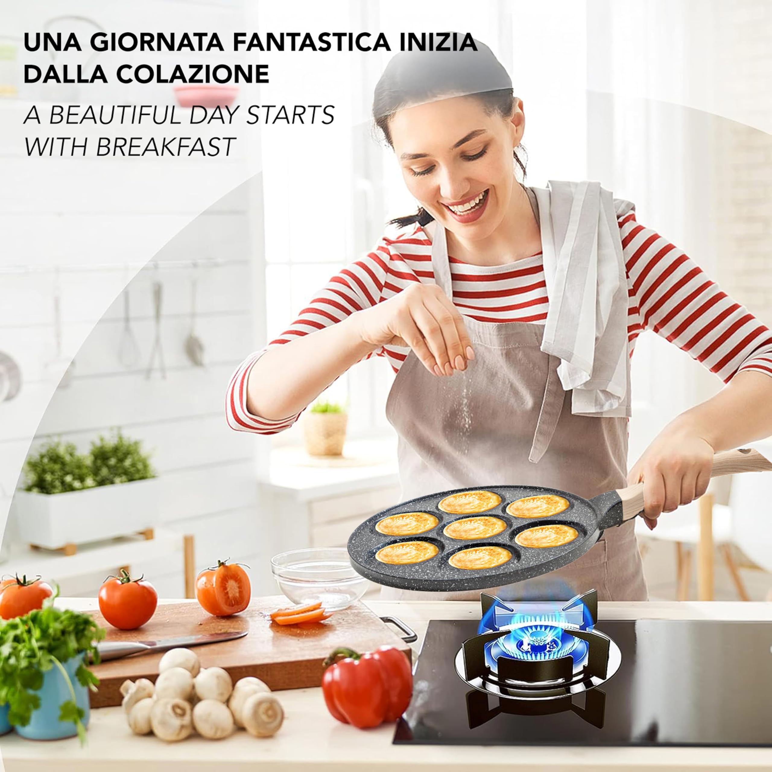 IPEA Padella Pancake Antiaderente per Induzione e Gas - Anti Aderente in Alluminio Per Frittata, Crepes, Uova, Hamburger - Padella da Cucina con 7 Stampi - Manico Comfort - 29 x 26,5 cm