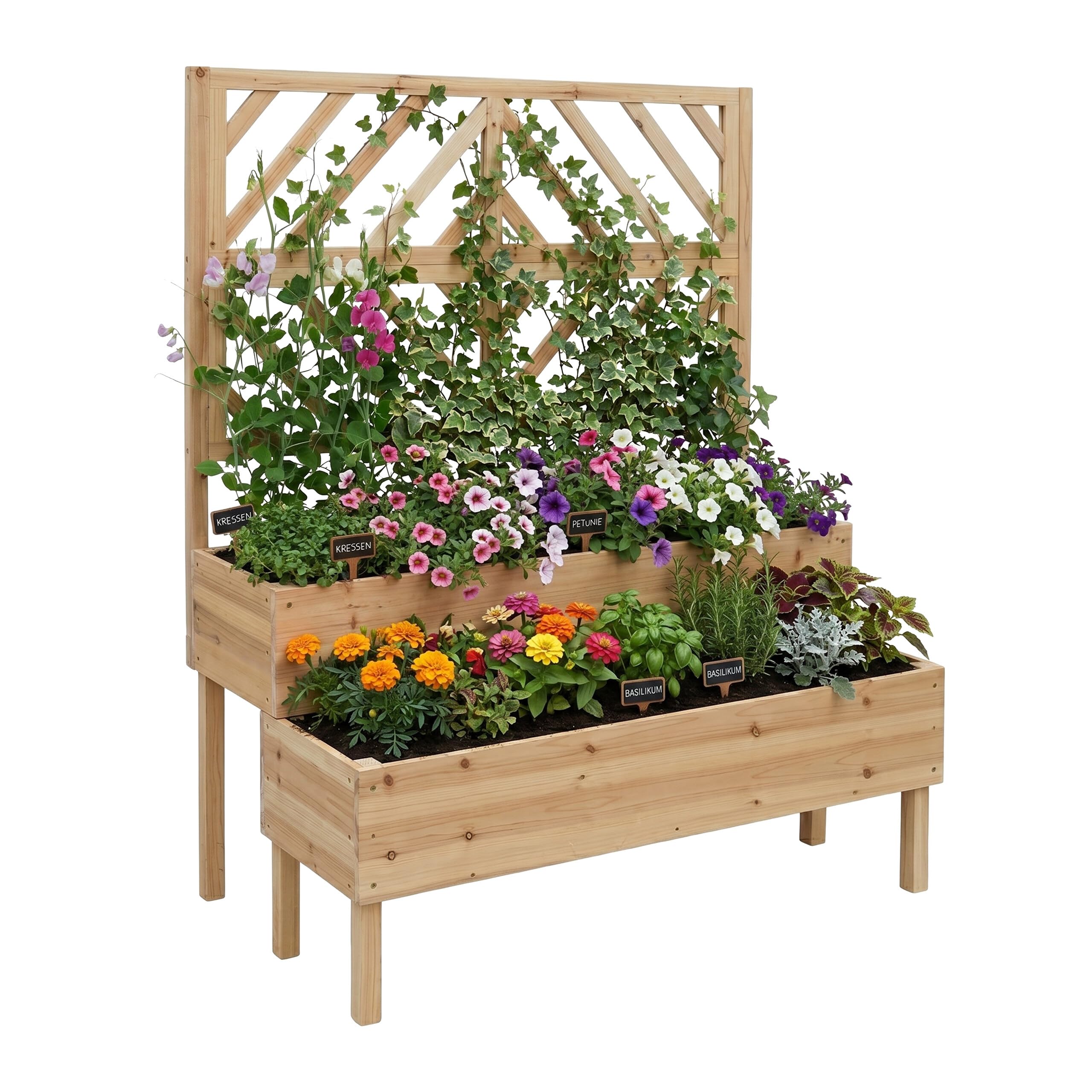 Fioriera Relaxdays con Traliccio, HxLxP: 135 x 109 x 62 cm, Legno, 2 vasi e Schermo Privacy, aiuola rialzata, Naturale