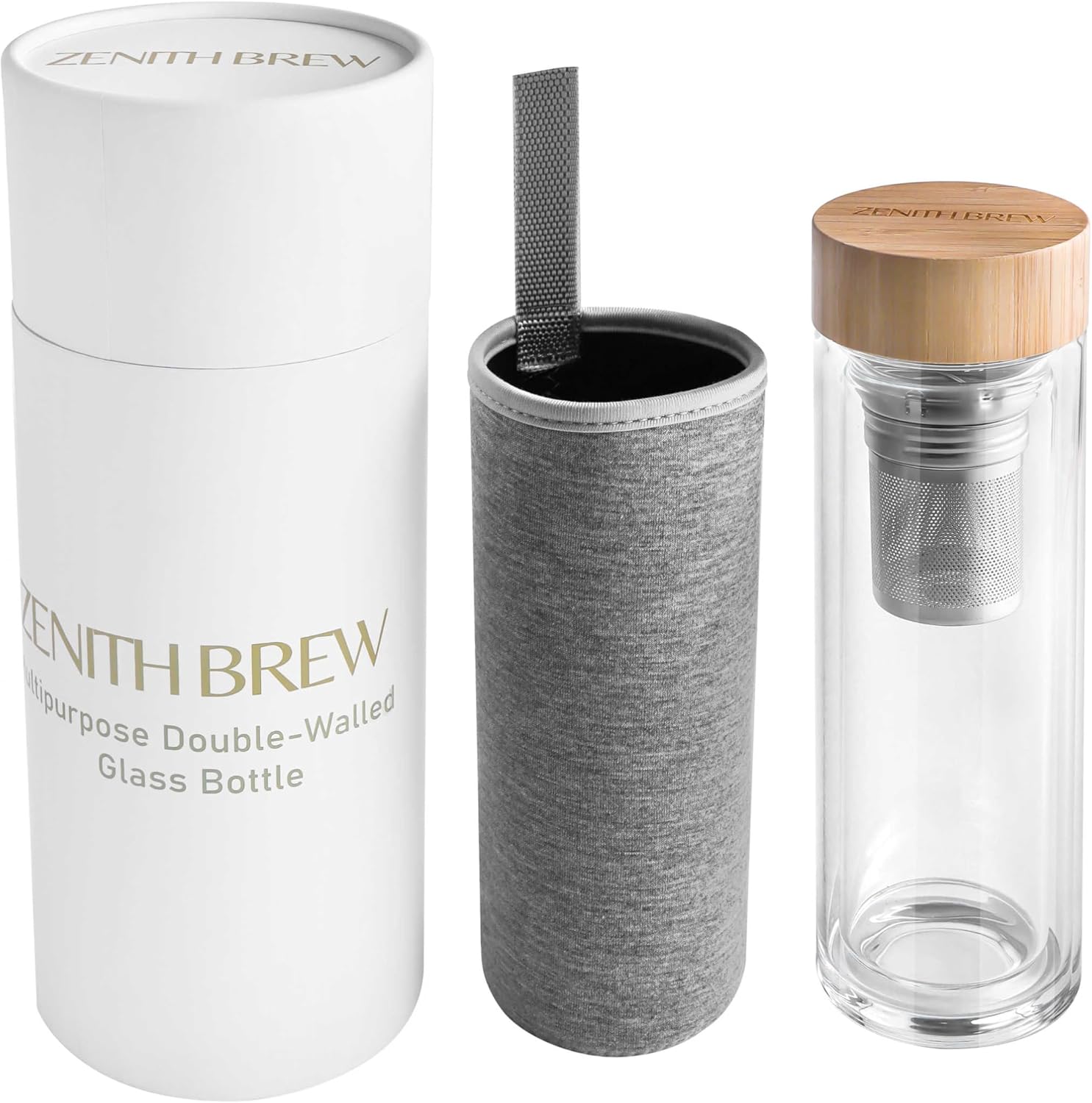 Multipurpose Double Walled Glass Drinking Bottle with Stainless Steel Filter & Stylish Bamboo Lid