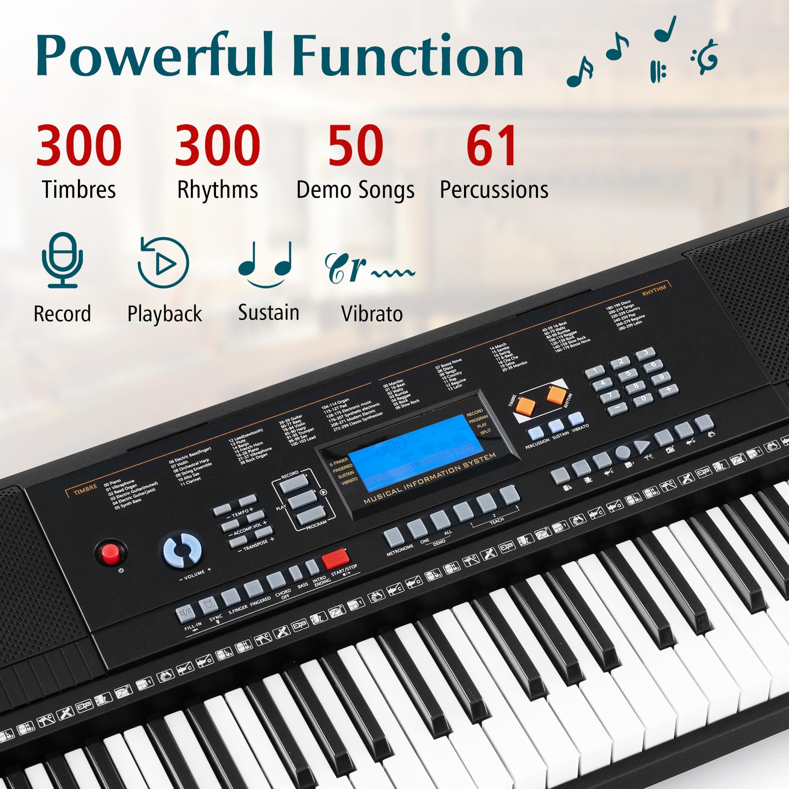 KOMFOTTEU Teclado Electrónico de 61 Teclas, Piano Digital con Soporte y Banco, Piano Electrónico con Micrófono, 300 Timbres y Ritmos, 50 Canciones de Demostración, Auriculares y Atril