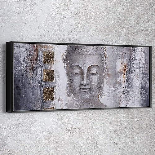 Awesometik Pintura panorámica abstracta de Buda en lienzo en blanco y negro, listo para colgar, fabricado en Estados Unidos (60 x 24 pulgadas, marco