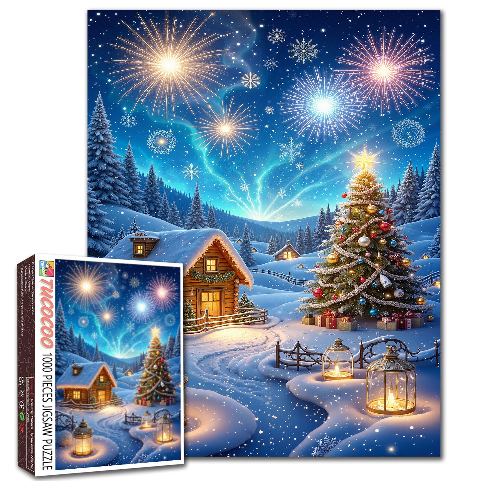 Snowy Christmas Village Fireworks 1000 Piece Jigsaw Puzzle for Adults Students Cozy Holiday Winter Scene Puzzle with Cabin Peaceful Indoor Game Gift