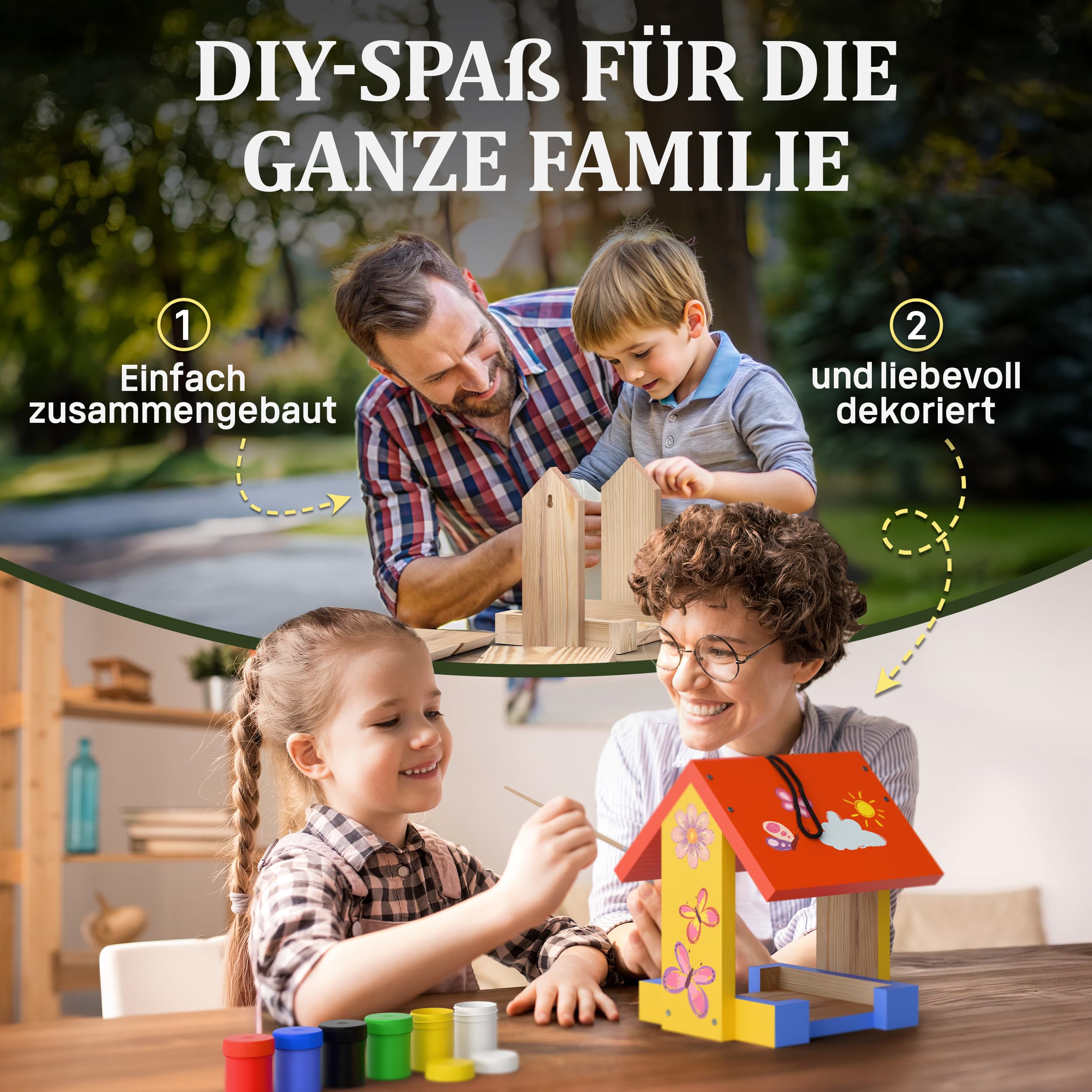Eli® Eichhörnchen + Vogel Futterhaus Bausatz für Kinder aus Kiefernholz DIY | zum Bemalen – inkl. 6 Farben - Pinsel - Hammer - Schraubendreher - Schablonen & Vorlagen - Geschenk Junge - Mädchen - Holz