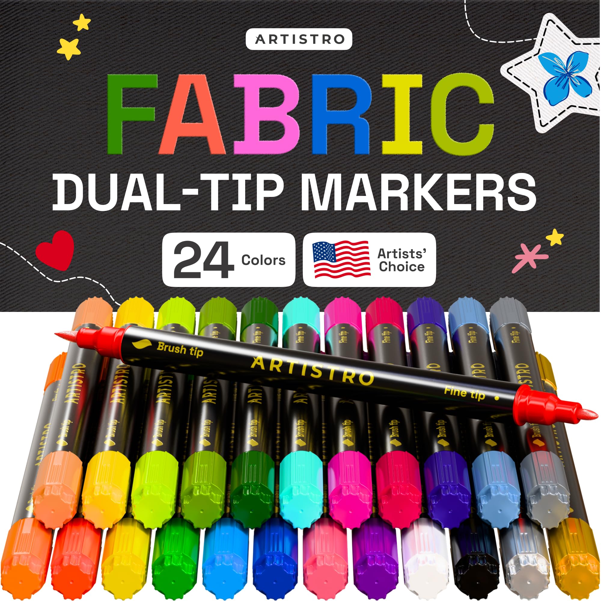 ARTISTRO 24 Dual-Tip Fabric Markers - Fabric Decorating Kit - Permanent for Clothes - Acrylic Paint Pens for Sneakers, Bags, Shoes, Textile, Canvas, Sewing, Craft, DIY, and More - Brush and Fine Tip 24 Dual Tip Brush + Fine