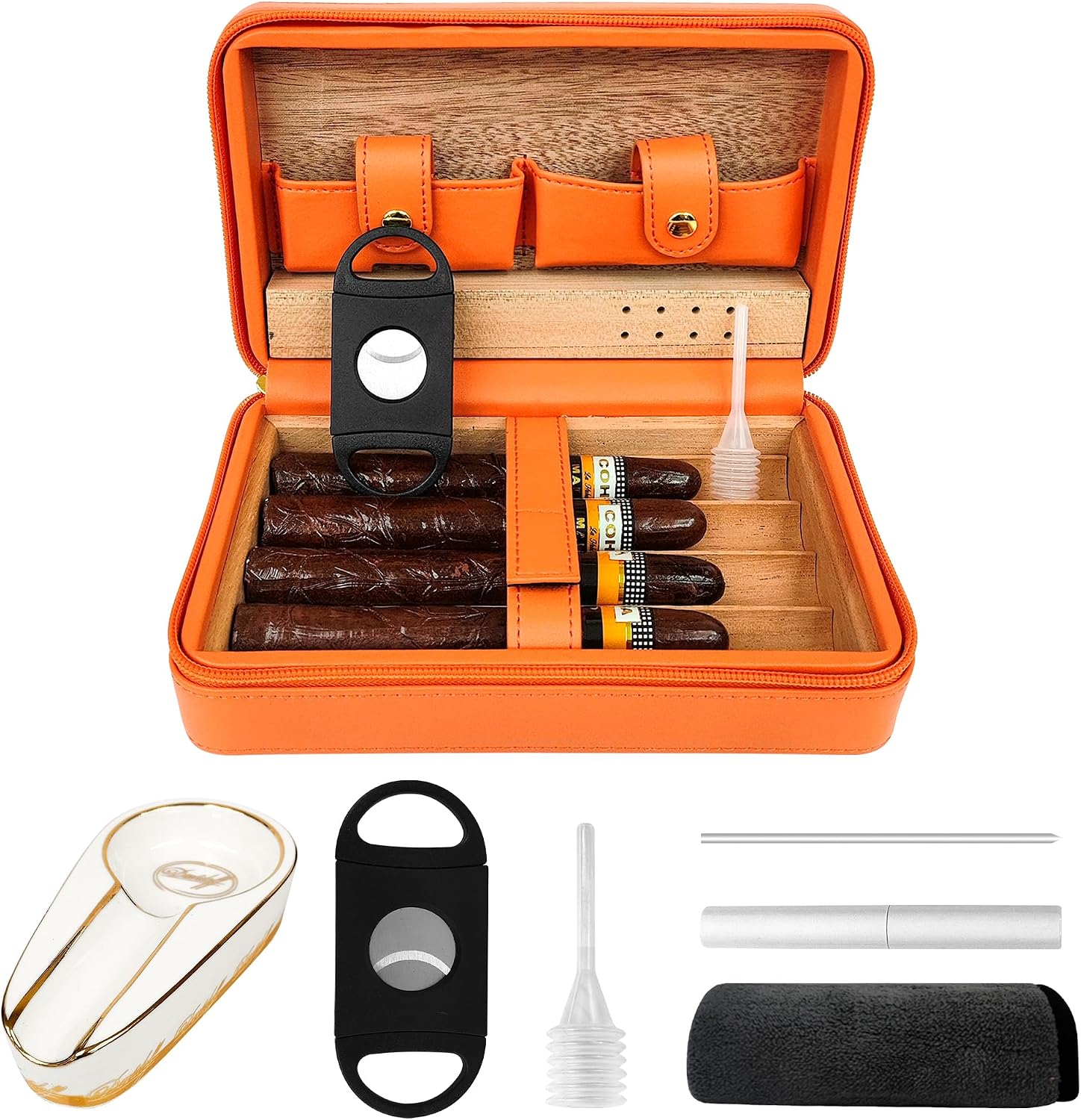 Portable Orange Leather Cigar Case for Women, Travel Humidor Holds 4 Cigars with Cutter Accessories, Compact Protective Cigar Holder for Travel Outdoor Use and Gift Giving