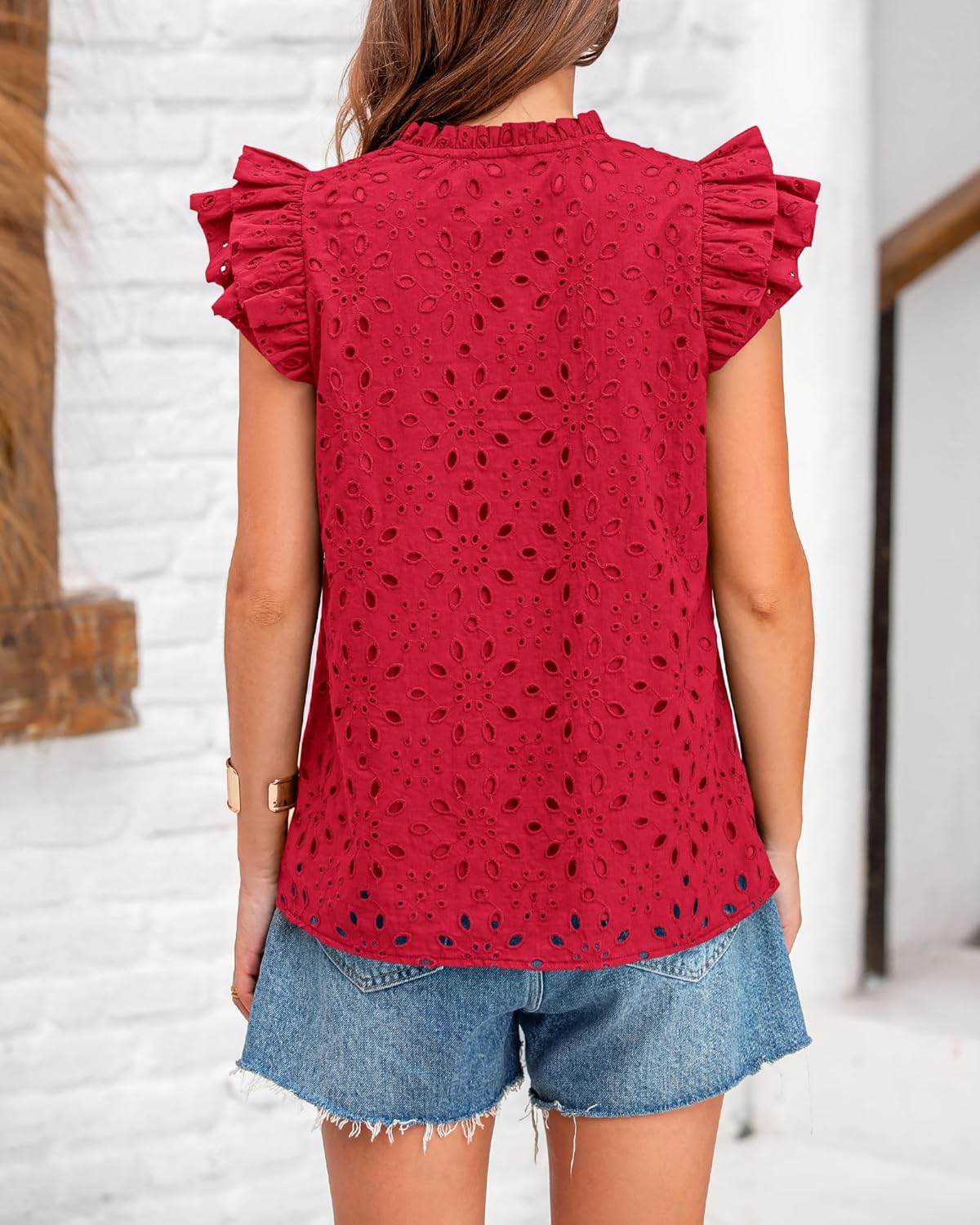 BTFBM Spring Summer Tops for Women 2026 Dressy Casual V Neck Ruffle Cap Sleeve Embroidered Eyelet Blouses Resort Wear - Image 3