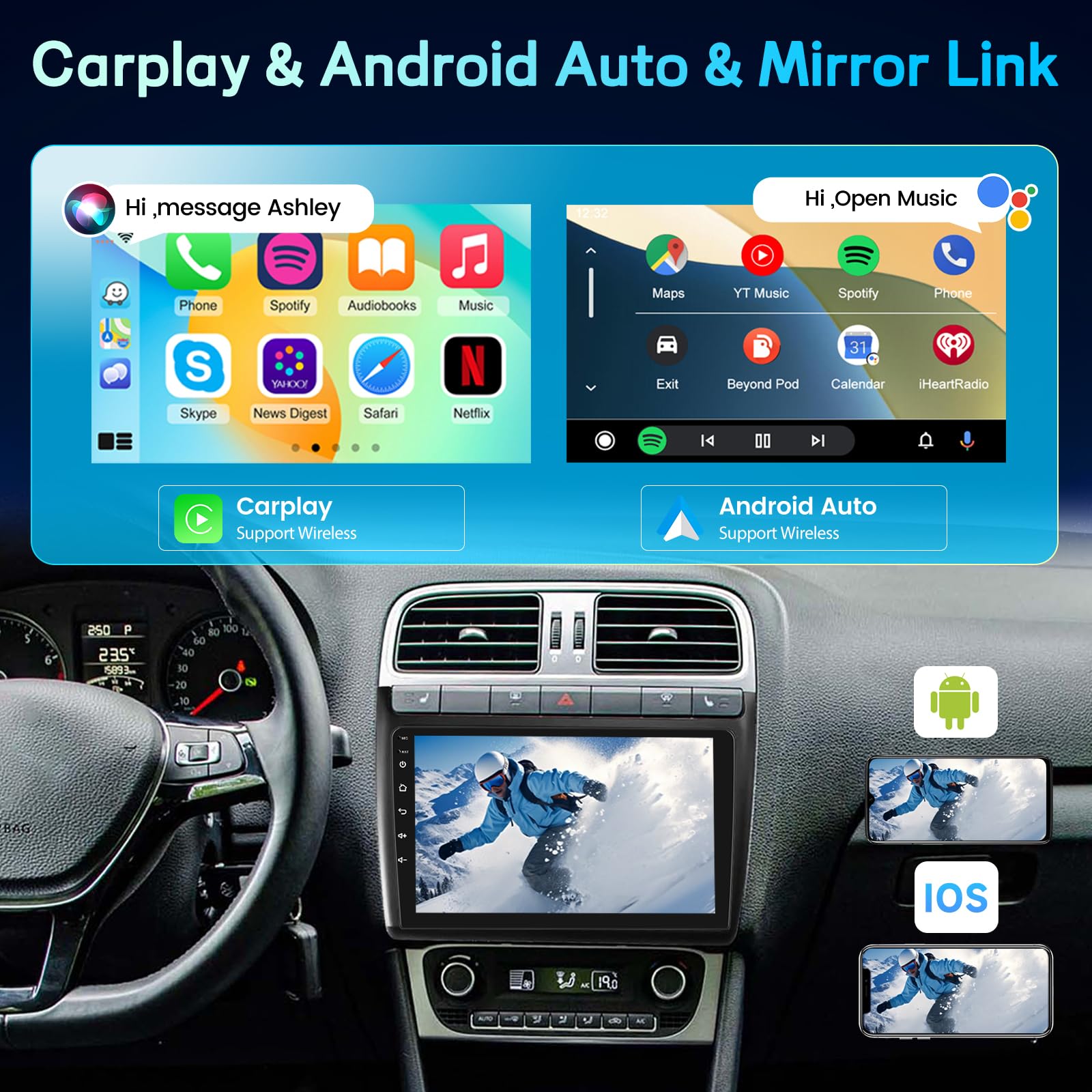 Android Autoradio für Volkswagen VW Polo 2008–2020, 9-Zoll Touchscreen Display 2+64G, Wireless CarPlay Android Auto, GPS WiFi, DSP, FM RDS Radio, Bluetooth, USB + Rückfahrkamera