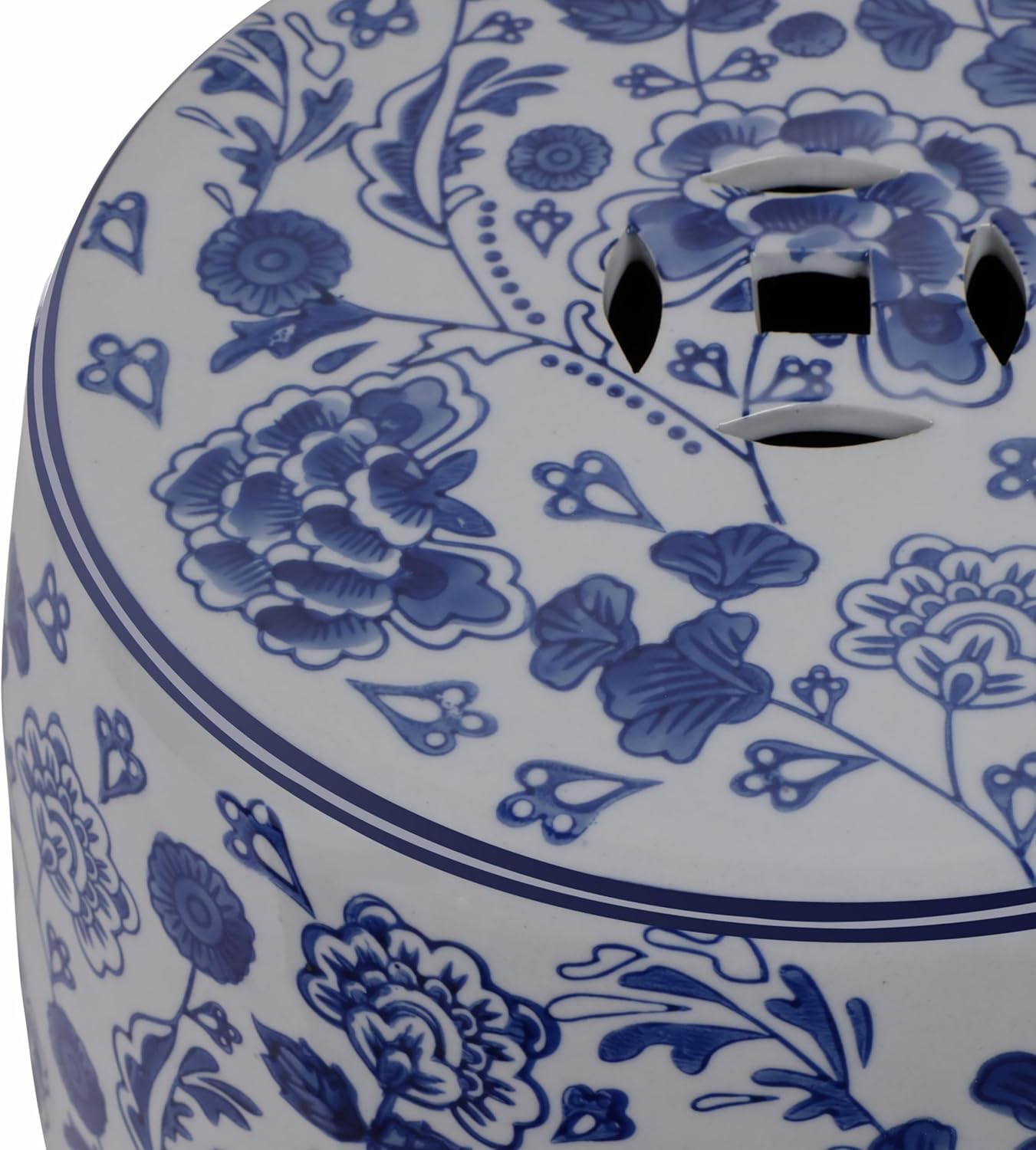 Decorative Chinoiserie Stool for Outdoor Side Table - Ceramic Hydrangea Floral Pattern for Indoor Garden and Patio Area - Home Decor Accent Stool for Plant Stand Display - 18", Blue & White