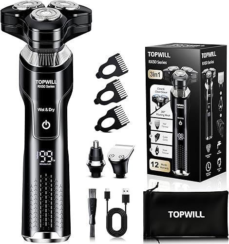 Miniatura 11 de Maquinilla de afeitar eléctrica impermeable para hombres, afeitadora giratoria de 3 cuchillas húmeda/seca con cabezales flotantes, afeitado de