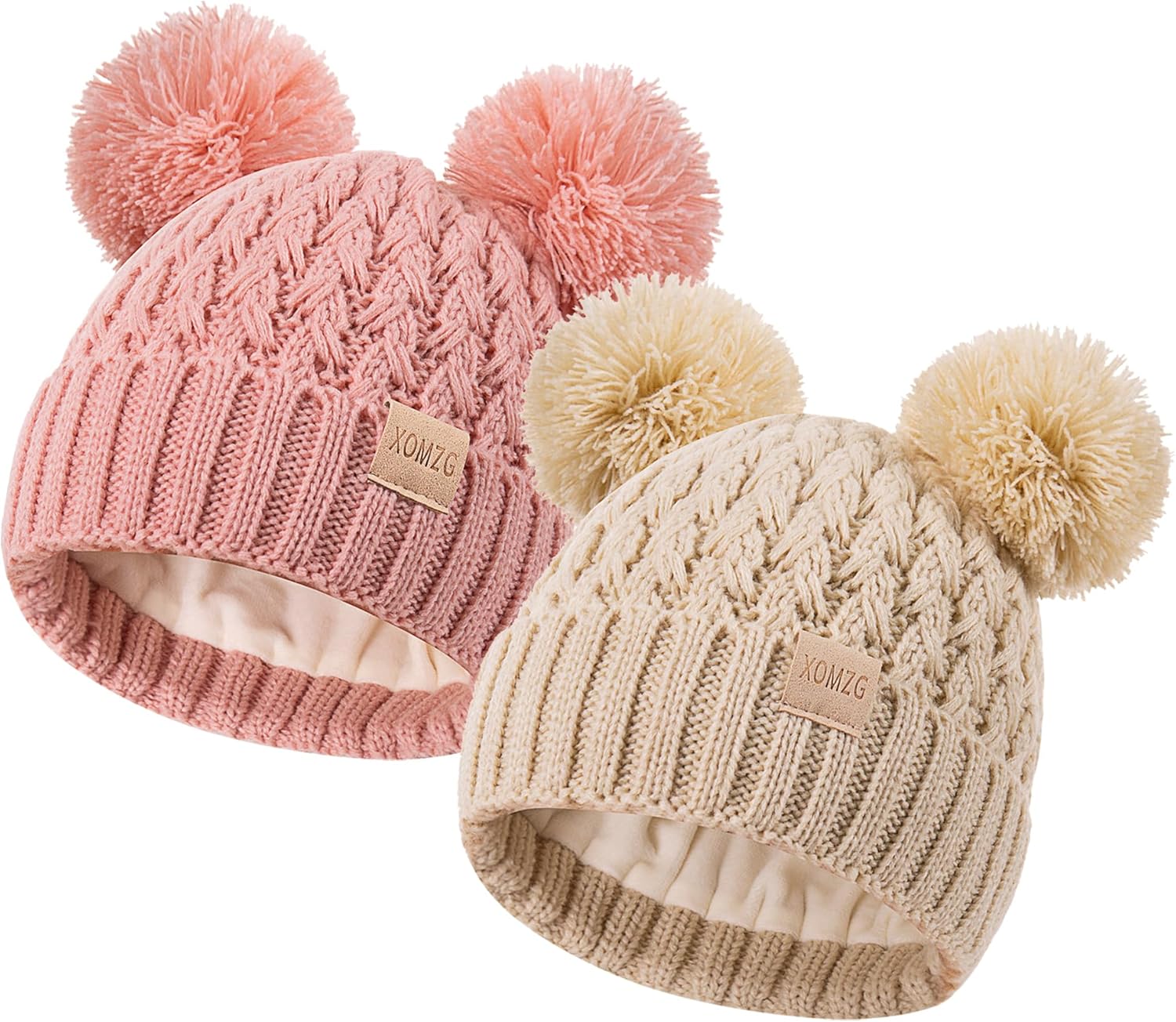 Toddler Winter Beanie Hat, Infant Winter Warm Knit Fleece Lined Cap for Girls Boys with Pom Pom for 0-36 Months 2 Packs