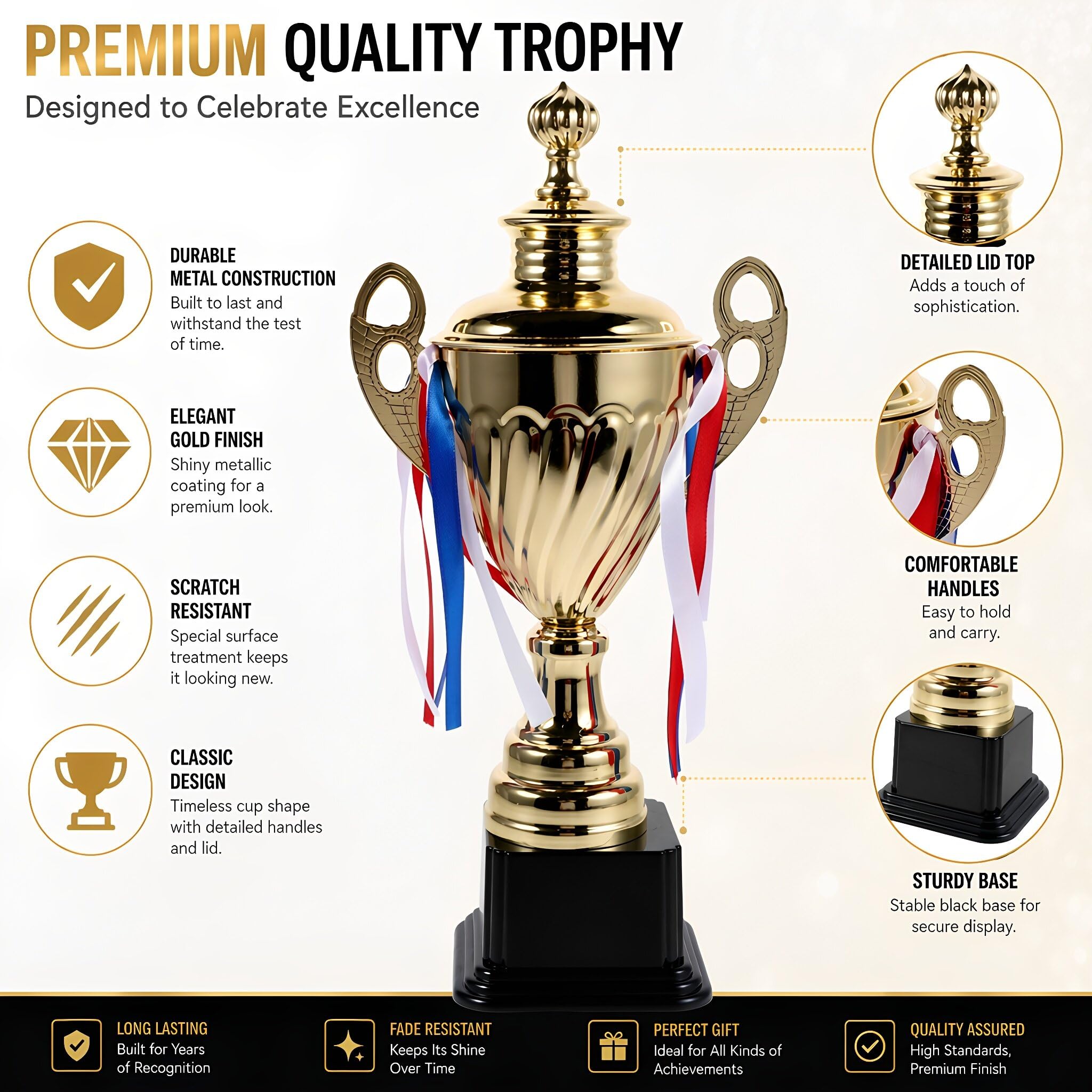 Lurrose Copa Trofeo - Trofeo Grande de 36,5 cm (14,37 Pulgadas), Premio de Metal Dorado para Deportes, competiciones, torneos, fútbol, ​​Partidos de Liga, reconocimiento y Premio al Trabajo en