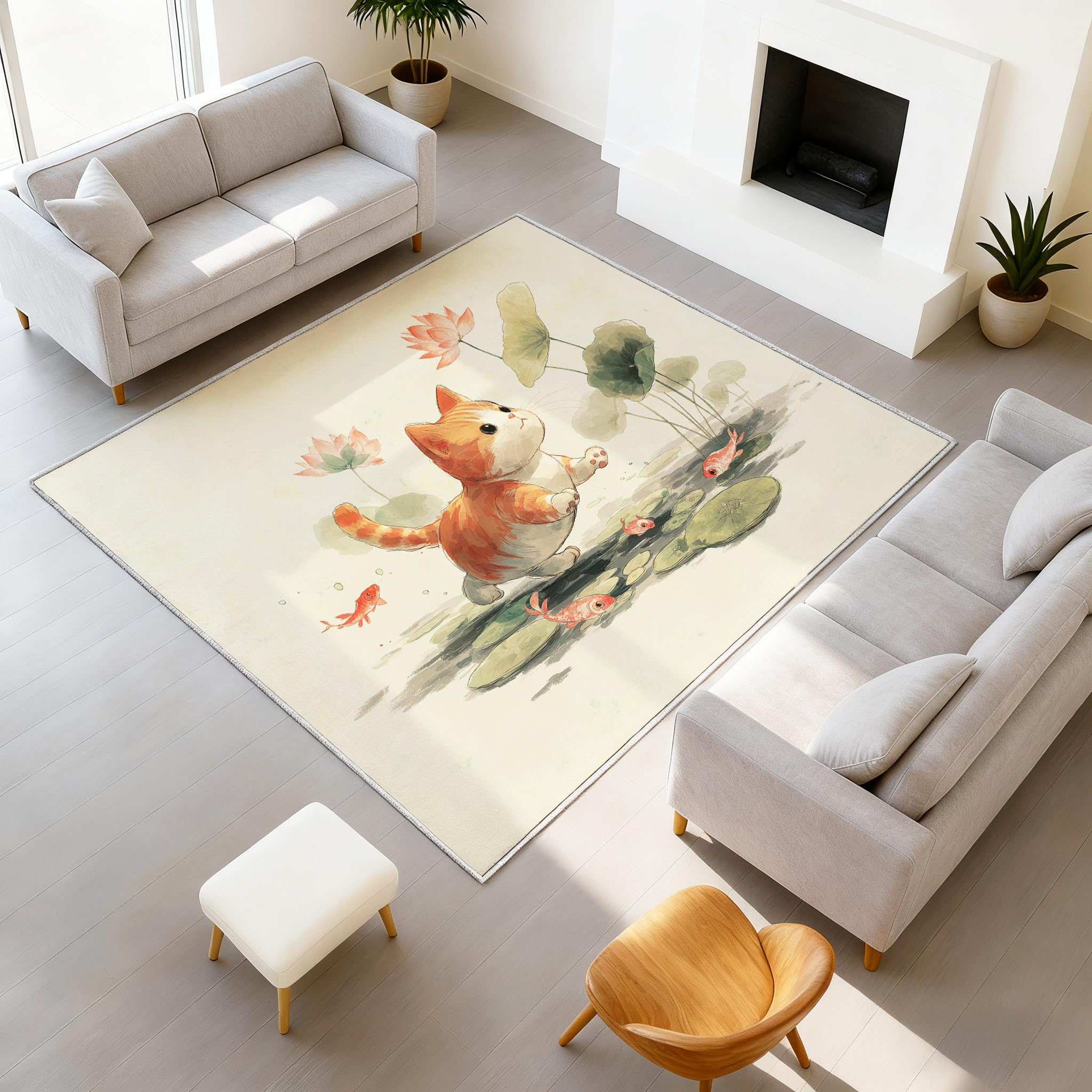 Générique Tapis Imprimé Encre De Chine pour Salon Chambre Décoration de la Maison Doux Lavable Chambre d'enfants Tapis de Sol de Jeu, Chat Étang Lotus Motif (Beige Clair 60 x 90 cm)