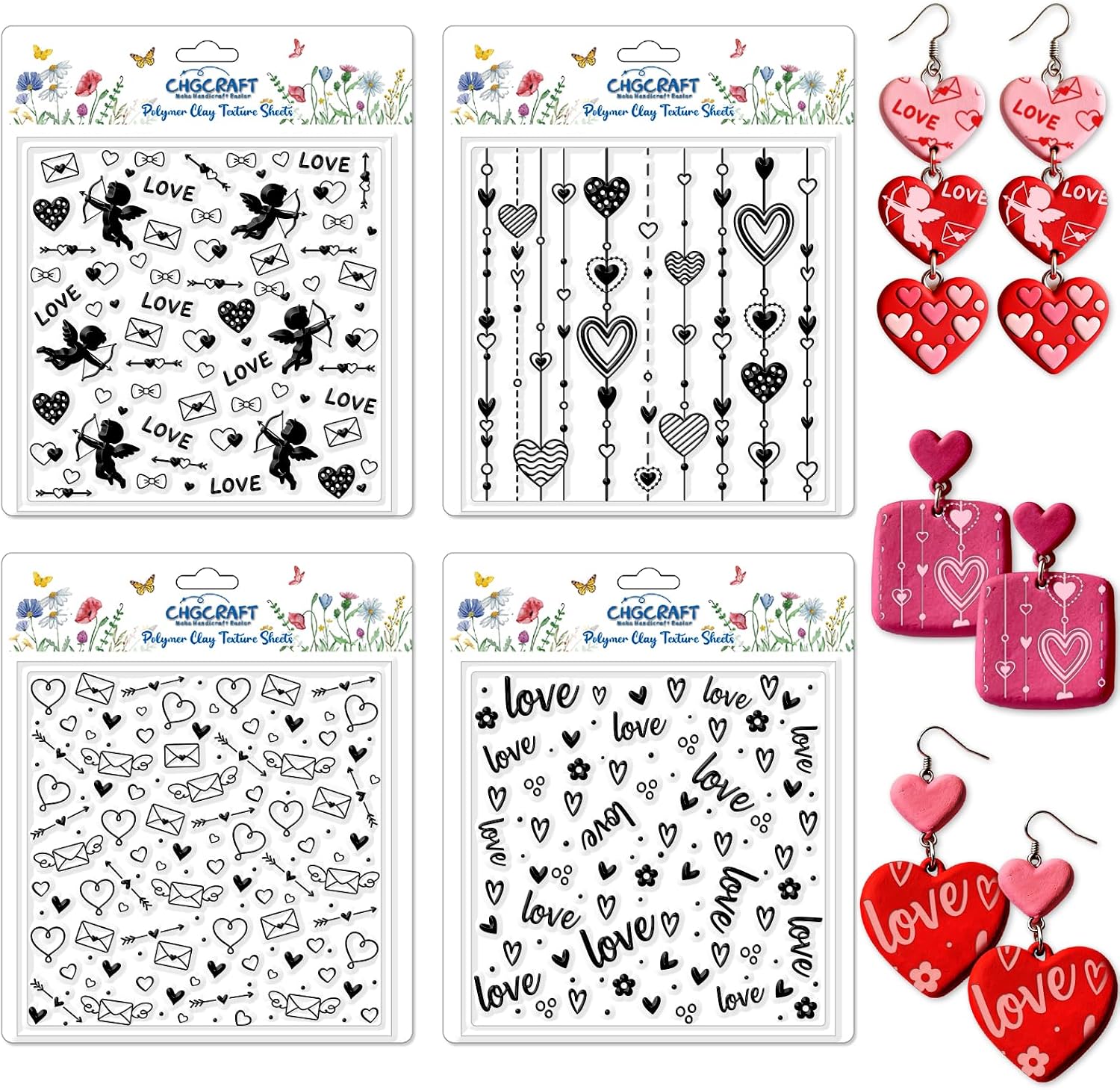 CHGCRAFT 4 Pcs Valentine's Day Heart and Rose Polymer Clay Texture Sheet Mandala Silicone Clay Texture Mat for Polymer Clays Making Earrings Jewelry DIY Crafts 5.5 × 5.5 Inch