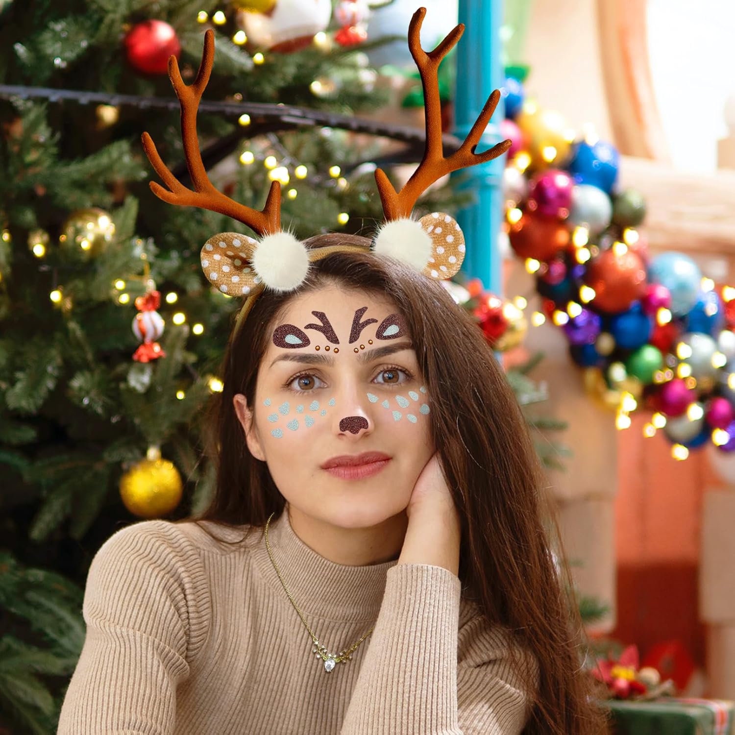 RechicGu 3 Women Halloween Christmas Reindeer Deer Ears Headband Costume Accessories Antlers Horn Necklace Face Sticker Set - Image 5