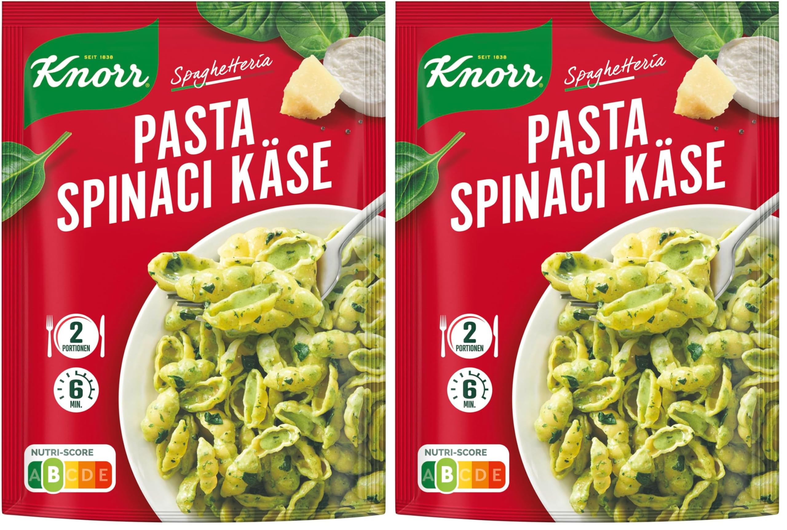 Knorr Spaghetteria Nudel-Fertiggericht Pasta Spinaci Käse leckeres Nudelgericht fertig in 6 Minuten 2 Portionen (Packung mit 2)