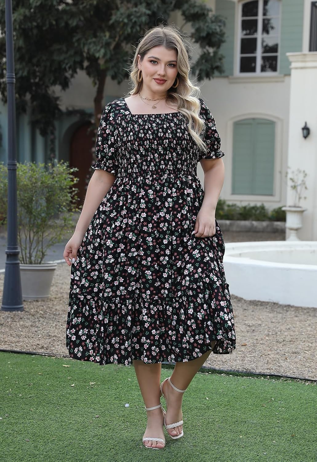 Nemidor Womens Casual Plus Size Midi Dress Summer Floral Print Puff Sleeve Smocked Long Boho Dresses with Pocket 16-26 - Image 4
