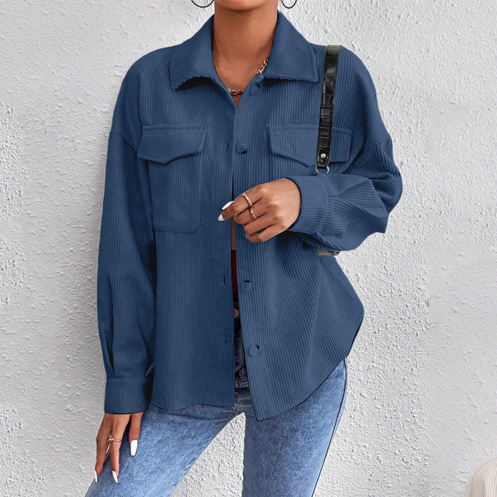 Cardigan bleu marine surdimensionné en velours côtelé pour femme, veste chemise à manches longues, couleur unie, boutonnée sur le devant, coupe décontractée, manteau décontracté en velours côtelé pour