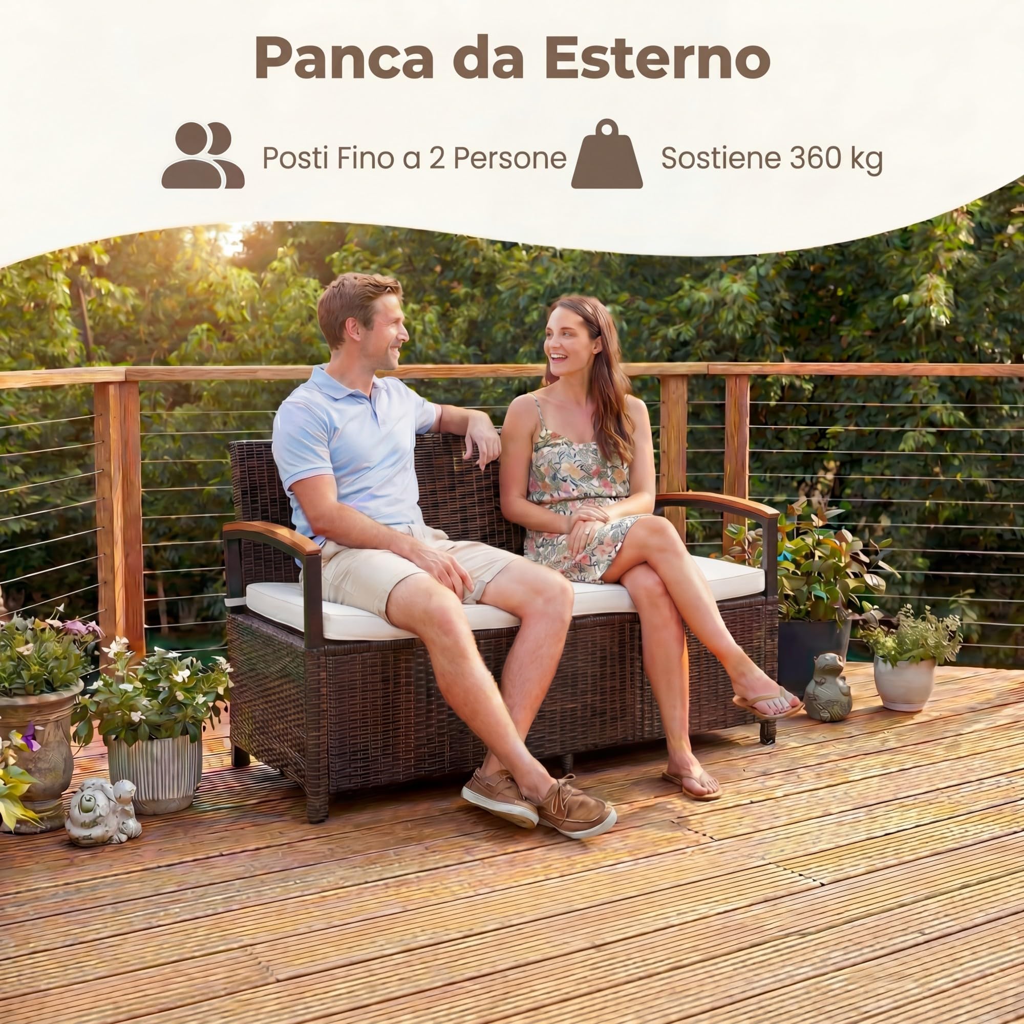 SOARS Panca da Giardino 2 Posti, Baule Contenitore Esterno 175 L in Vimini PE, con Cuscino Lavabile, Schienale e Braccioli in Legno di Acacia, Ammortizzatori a Gas, per Patio Balcone Piscina (Beige)