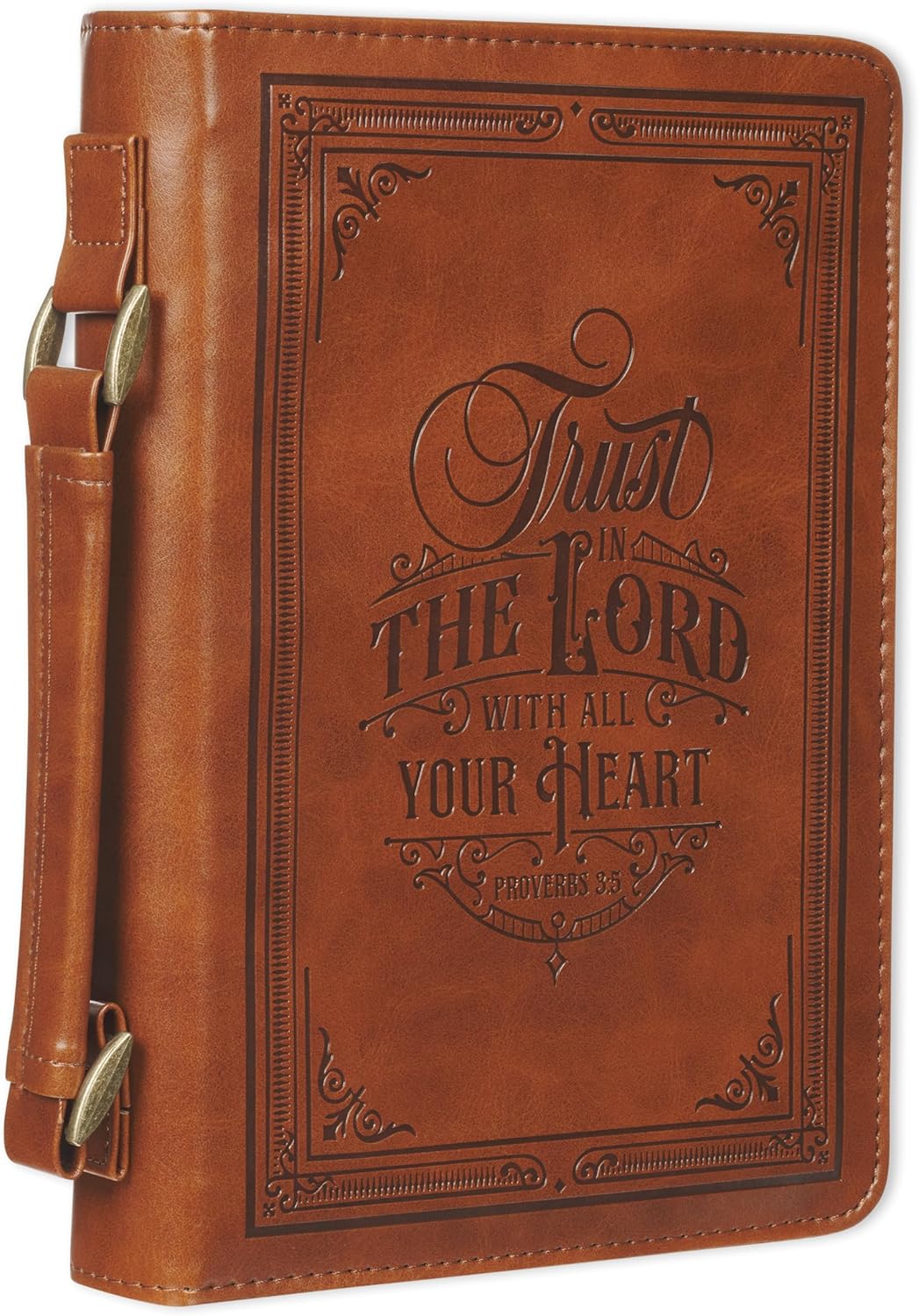 Christian Art Gifts Classic Vegan Leather Bible Cover for Men & Women: Trust in the Lord Inspirational Bible Verse, Sturdy Easy Carry Book Case, Pen Loops, Pockets, Accessory Storage, Brown, Large