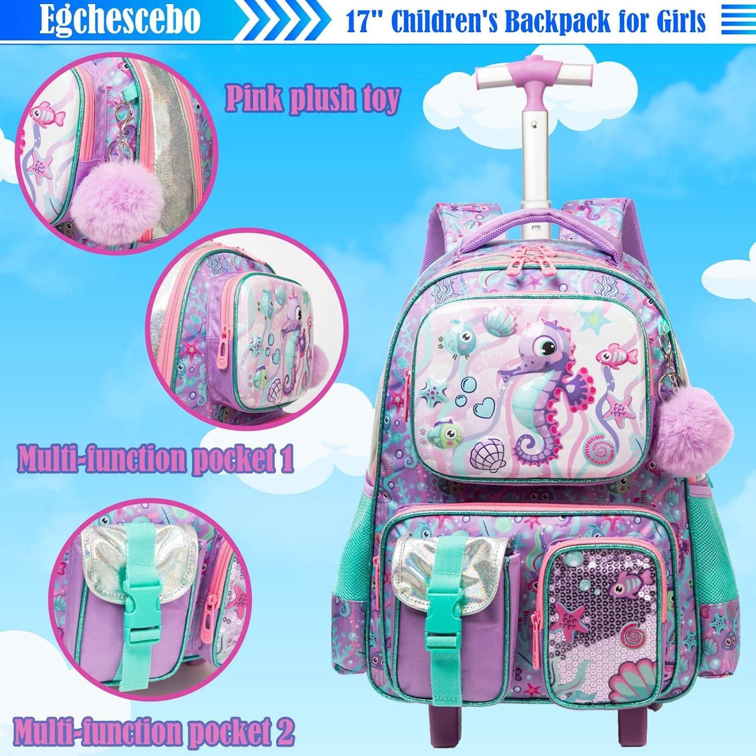 Egchescebo Kids Rolling Backpack for Girls Seahorse Suitcases Trolley Roller Luggage Backpacks on Wheels with Lunch Box Pencil Case for Elementary Multiple Function Pockets Travel school Bag Purple