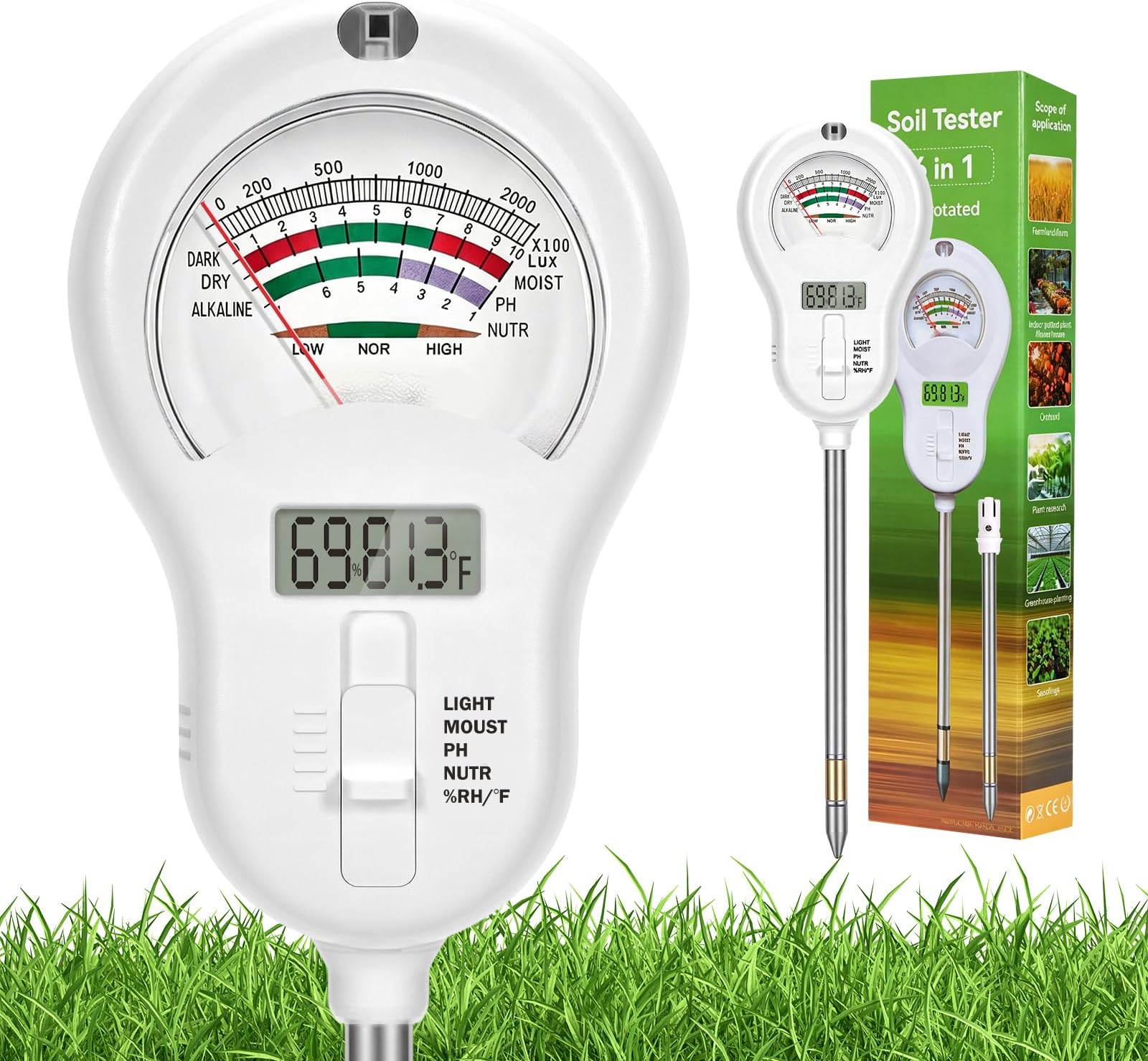 6-in-one Soil Test Kit-Soil Moisture Meter/PH Meter/Fertility/Sunlight Intensity Soil Tester, LCD Air Hygrometer&Temperature Moisture Meter for Plants-Garden, Lawn,Farm,2 Pack Detachable Probe