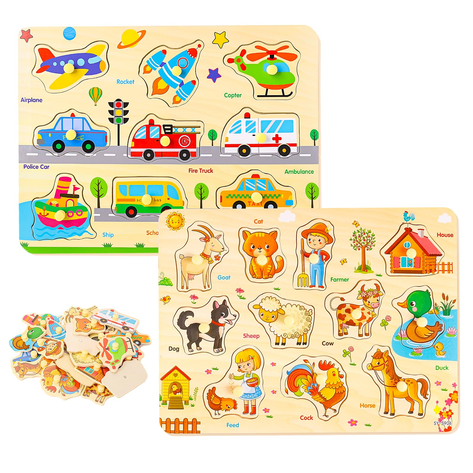 2Pcs Wooden Jigsaw Puzzles for Kids 3+ Year Olds, Farm Animal Transportation Wooden Peg Puzzles Educational Learning Kids Toys, Birthday Gift for Boys Girls