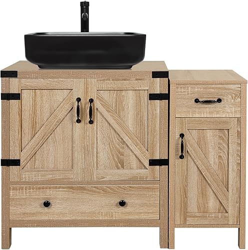 Miniatura 7 de Puluomis Mueble de baño con armario de almacenamiento de baño, 28 pulgadas, moderno, color natural, soporte de madera, pedestal, armario de baño con