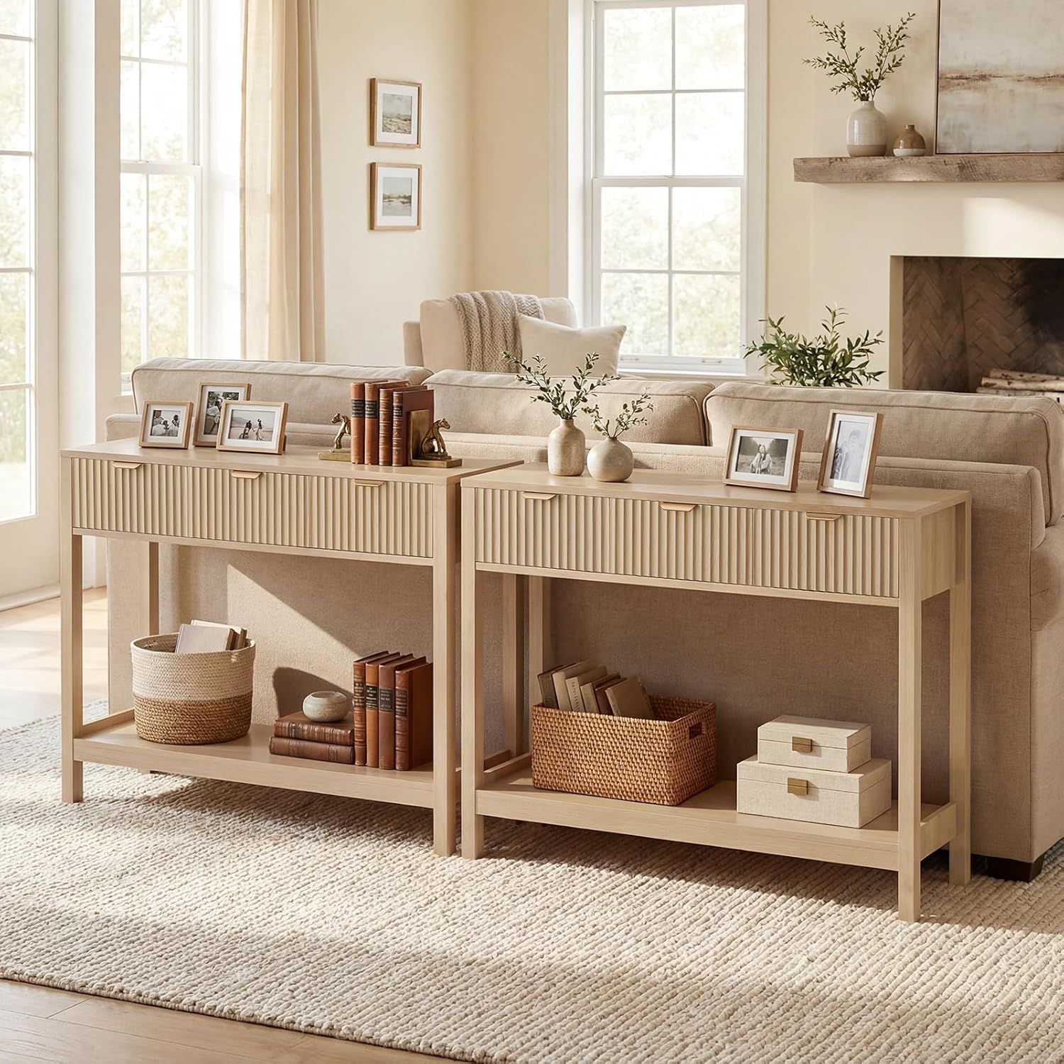 Nasonet Fluted Console Table, Wooden Sofa Table with Storage and Drawers, Farmhouse Behind Couch Table Entryway Table for Entrance, Hallway, Living Room, Oak