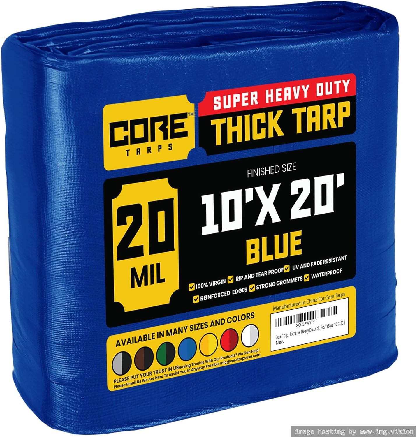 Core Tarps Extreme Heavy Duty 20 Mil Tarp Cover, Waterproof, UV Resistant, Rip and Tear Proof, Poly Tarpaulin with Reinforced Edges for Roof, Camping, Patio, Pool, Boat (Blue 10 X 20)