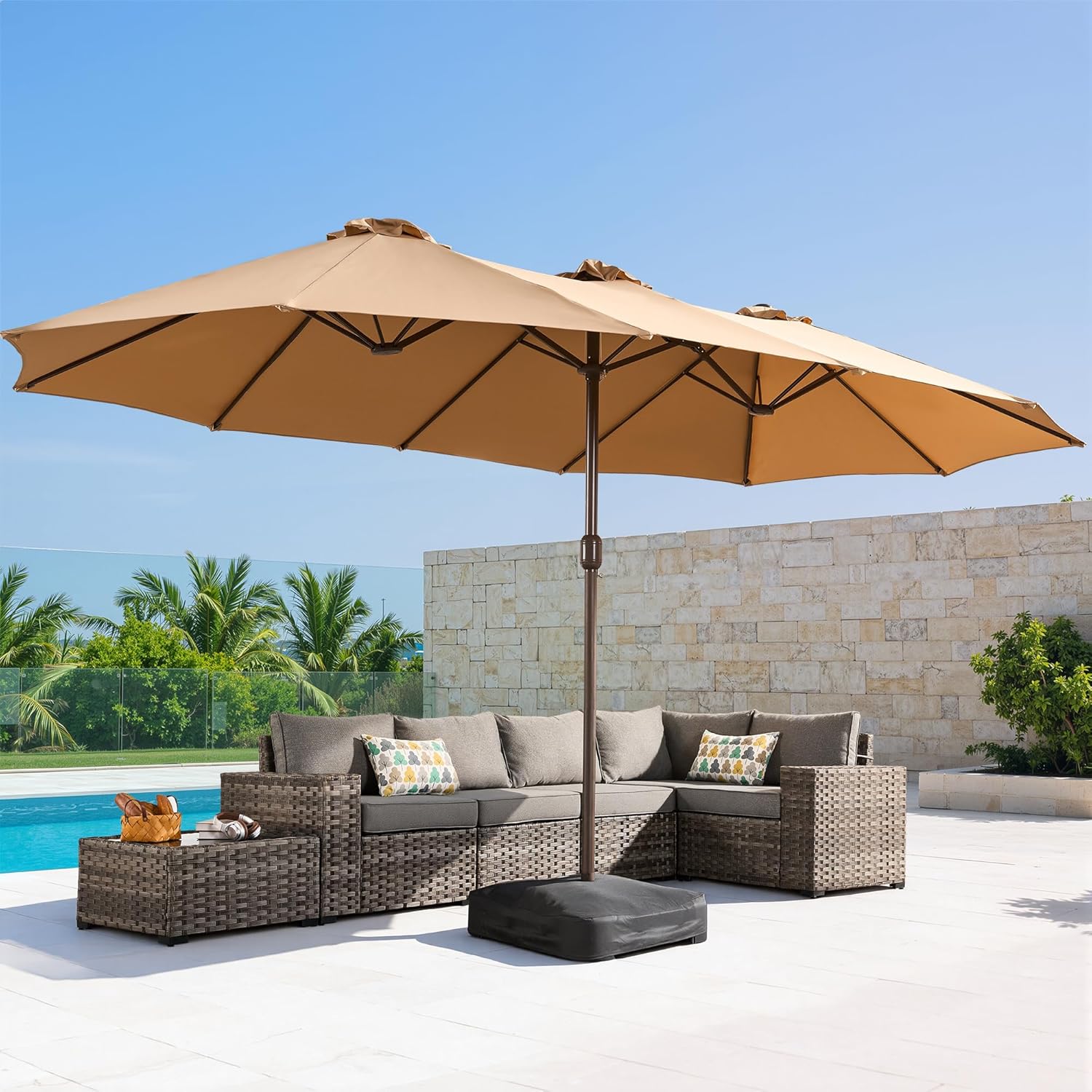 15Ft Patio Umbrella - Large Beach Umbrella W 12 Sturdy Ribs,UPF50 Outdoor Table Umbrella,Picnic Market Umbrella W Base Crank Handle for Pool,Yard,Garden