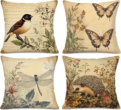 Vintage Adorable Animals Throw Pillow Covers 18x18 Inch Set of 4 Bird Butterfly Dragonfly Hedgehog Decorative Pillowcases Rustic Farmhouse Couch Sofa Living Room Home Decor