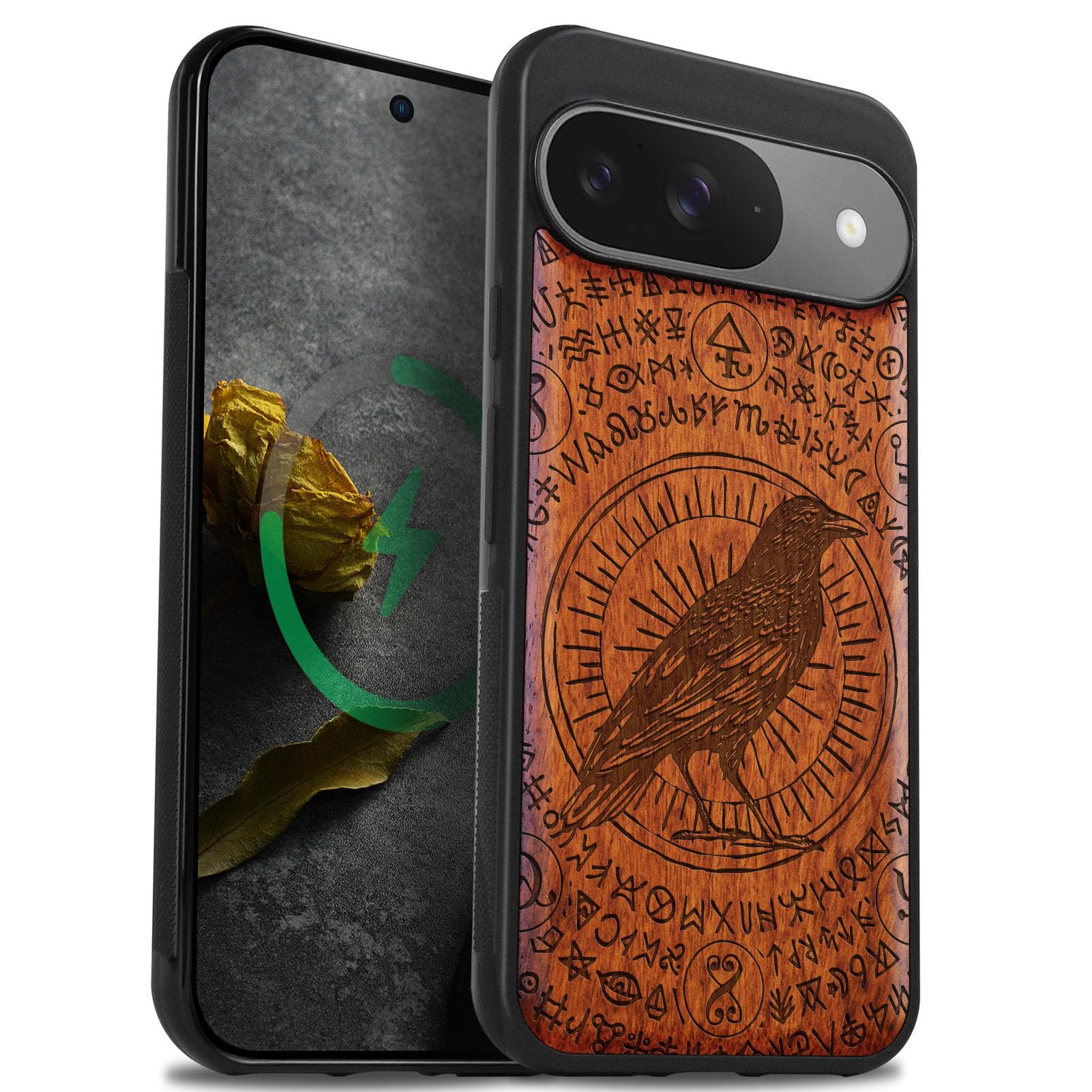 Carveit Magnetic Wooden Case for Google Pixel 9 Case, Wood Artisan Engraved & Soft TPU Shockproof Cover, Compatible with MagSafe Wireless Chargers (