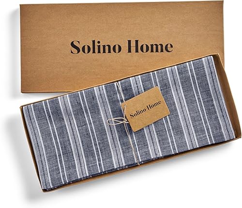 Miniatura 6 de Solino Home Camino de mesa de lino a rayas de 108 pulgadas de largo, 100% lino puro de 14 x 108 pulgadas, camino de mesa extra largo de Chelsea azul