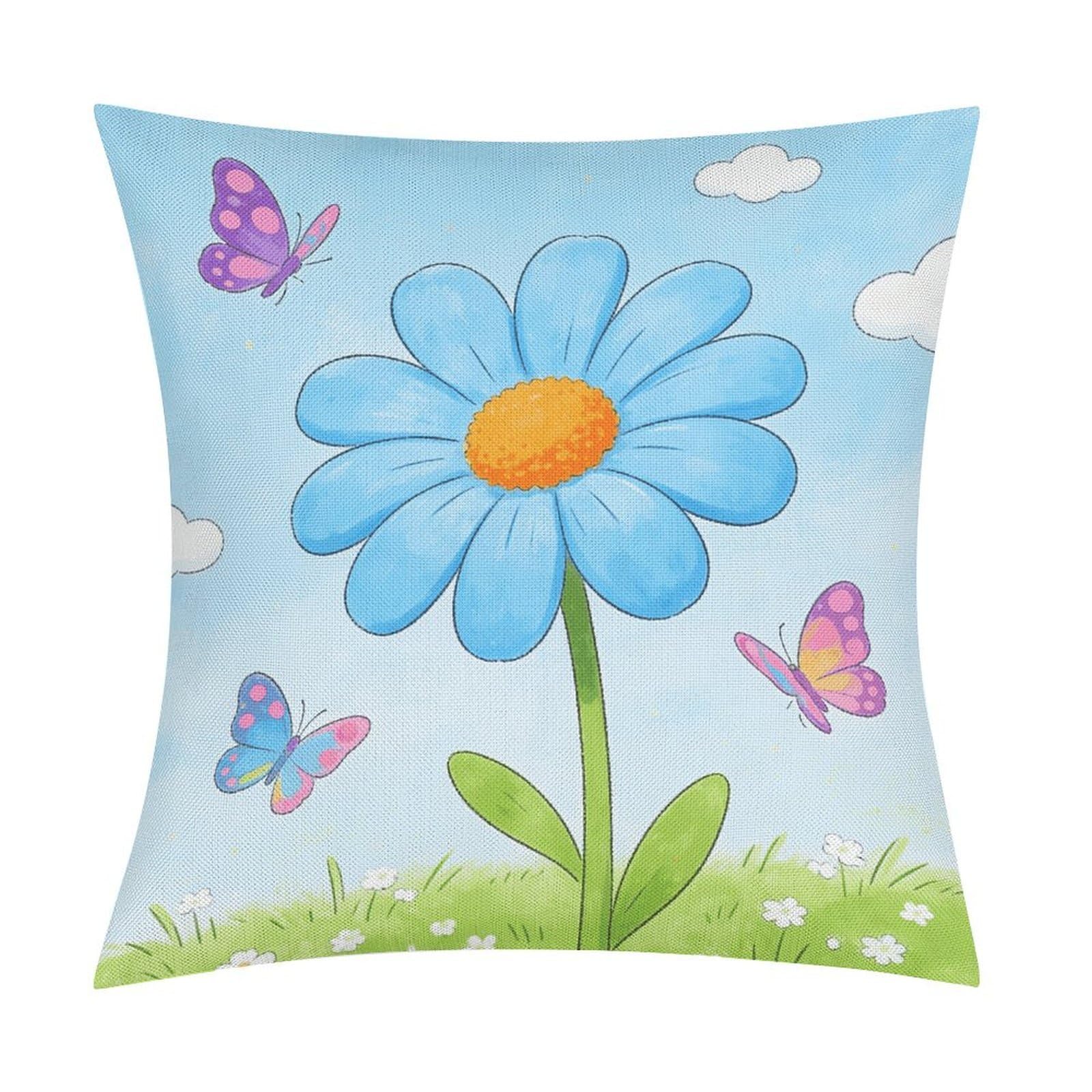 LZQPOEAS Light Blue Daisy Throw Pillow Covers, Waterproof Faux Linen Pillow Cases with Invisible Zipper, Decorative Square Cushion Covers for Sofa Couch Living Room Bedroom 18x18 Inch