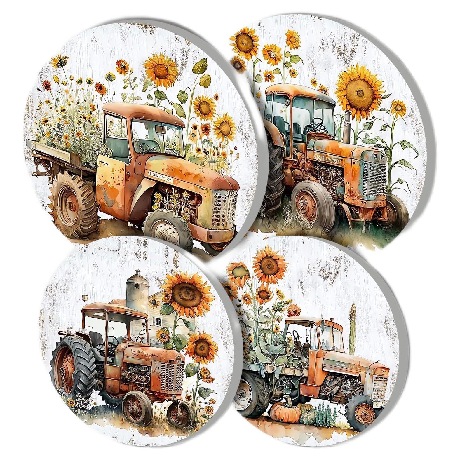 Aihonmin Pickup Truck Sunflower Stove Burner Covers, Set of 4 Round Stove Burner Covers, 8 and 10In, Rustic Style Gas Stove Burner Covers, Metal Stove