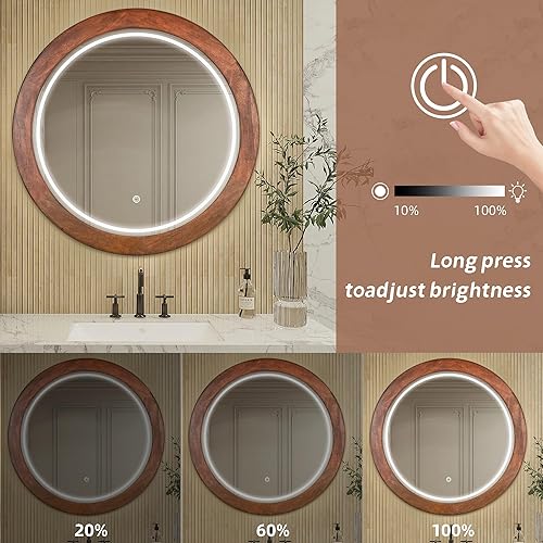Miniatura 5 de Espejo redondo LED de baño de 30 pulgadas con marco de madera de nogal, espejo inteligente iluminado para pared, espejo de marco rústico con luz
