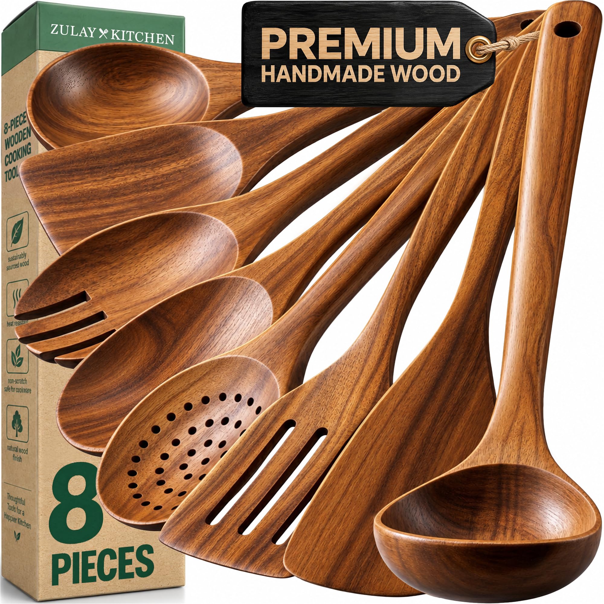 Zulay Kitchen Premium 8-Piece Wooden Spoons - Smooth Finish, Natural Teak Wood, Non-Stick, Handmade