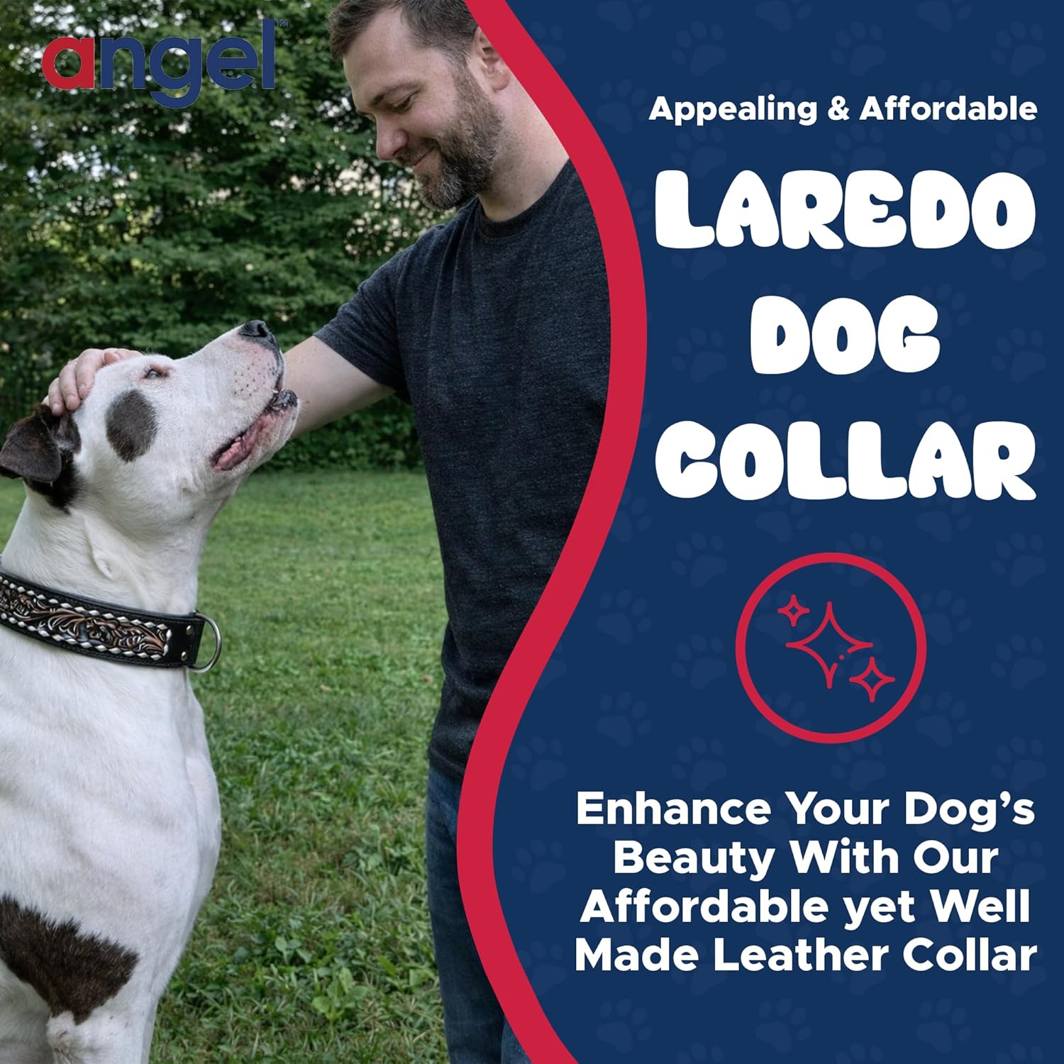 Genuine Top Grain Leather Western Tooled Dog Collar | Handmade | Buck-Stitched, Hand-Painted | Padded Dog Collar | Brass & Stainless Steel Hardware | Laredo Collection by Angel Pet Supplies